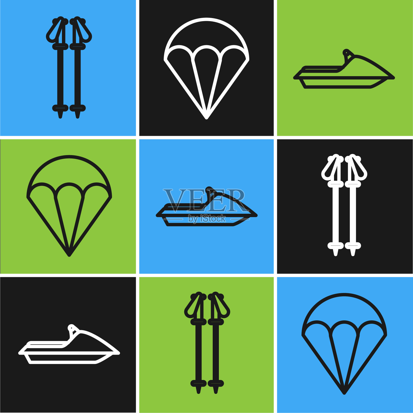 设置线滑雪杆，水上摩托和降落伞图标。向量插画图片素材