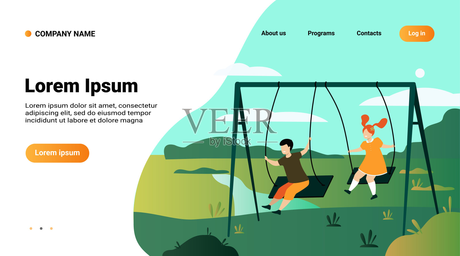 可爱的女孩和男孩荡秋千，享受假期插画图片素材