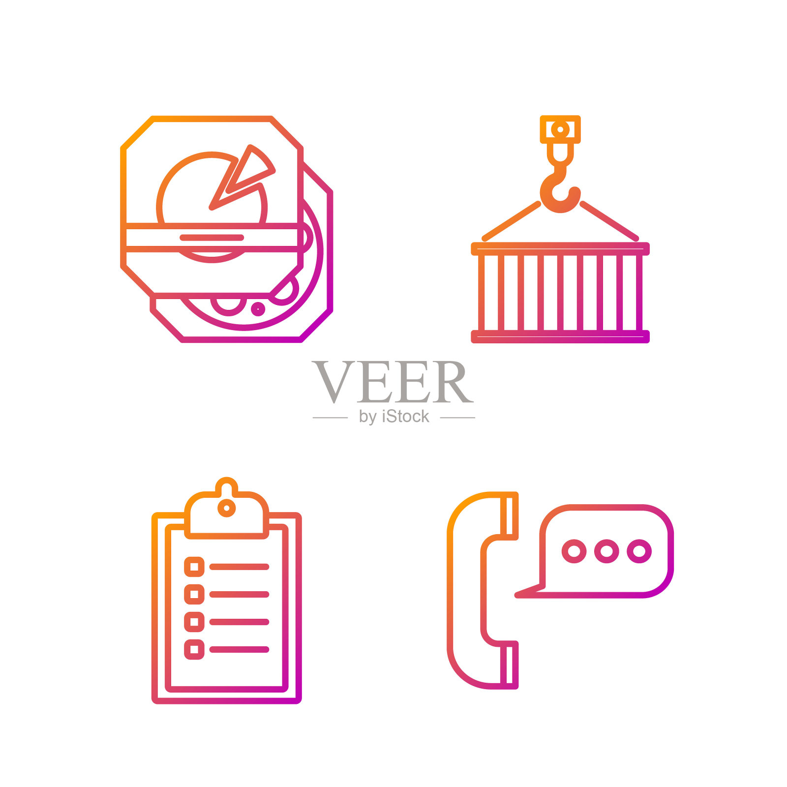 设置电话语音聊天，验证送货单剪贴板，纸箱披萨，吊车集装箱。渐变颜色图标。向量图标素材