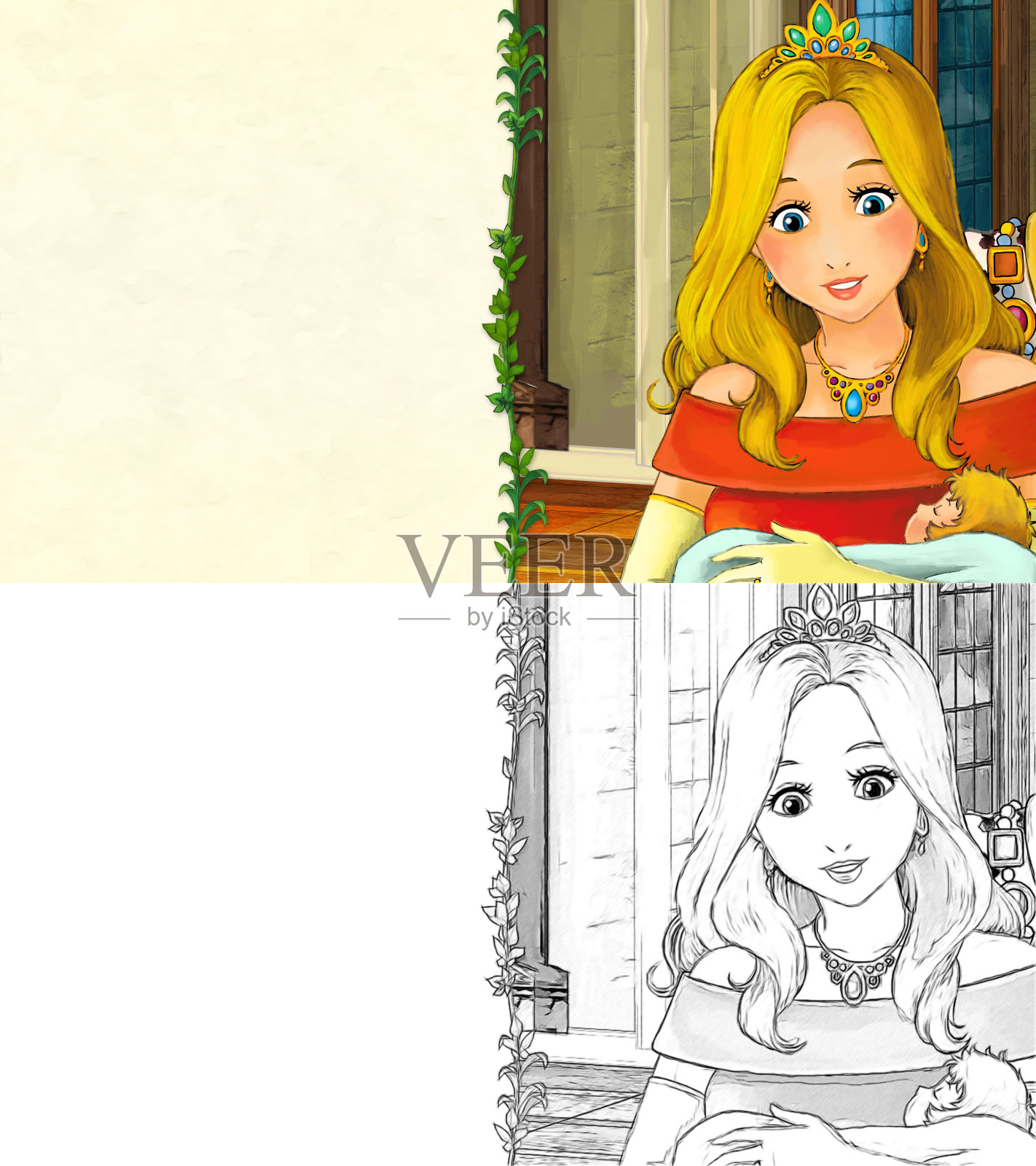 卡通素描场景与公主在城堡-插图插画图片素材