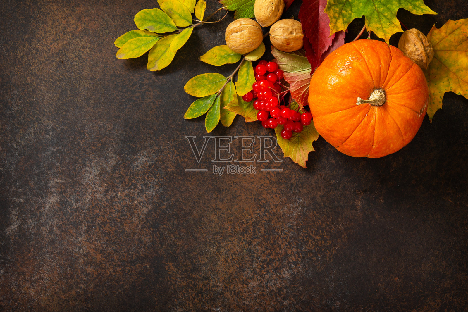 季节性概念背景。秋天的背景与秋天的枫叶，南瓜，坚果和浆果在石板的背景。顶视图平铺背景与复制空间。照片摄影图片