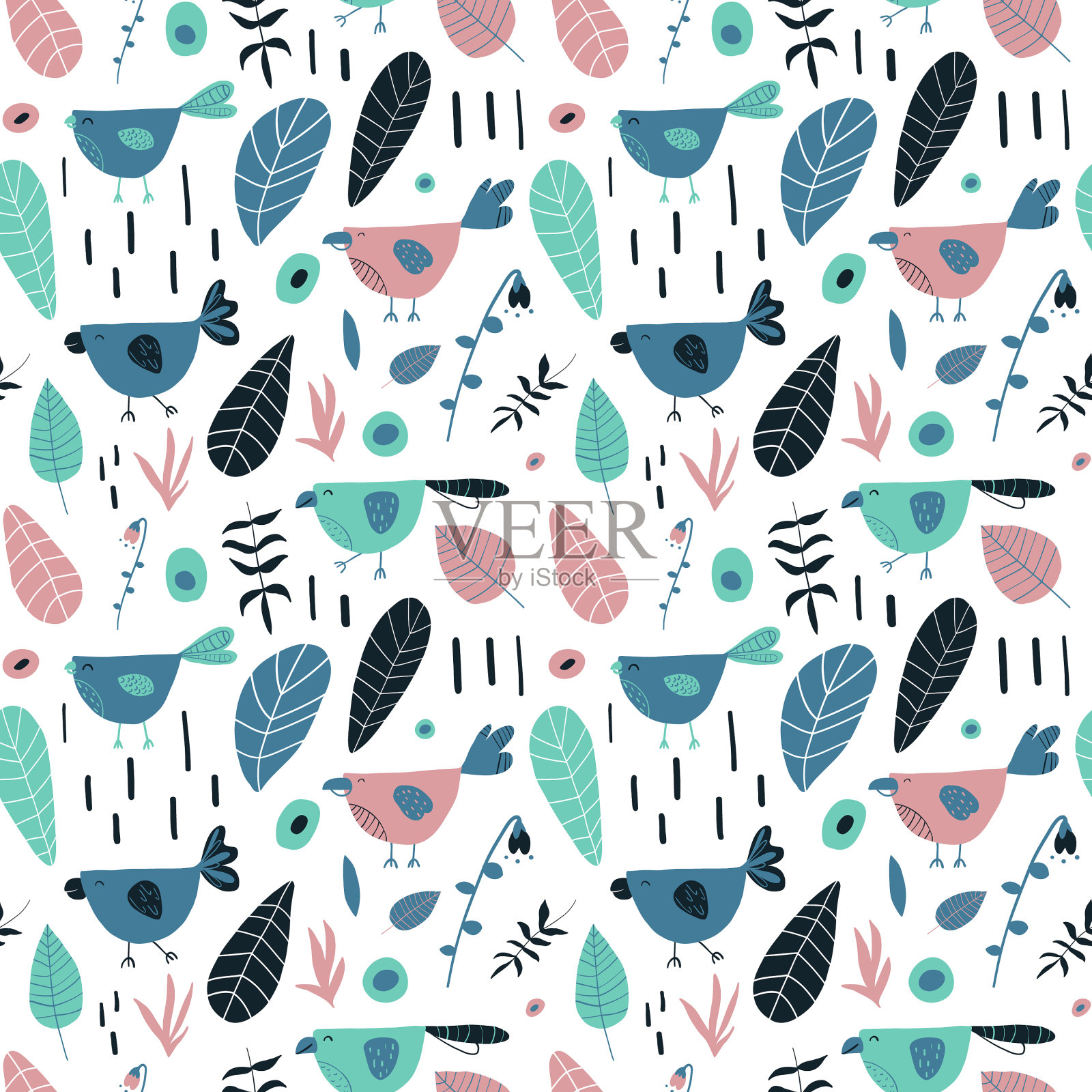 白色背景上的青色、粉红色的蓝鸟插画图片素材