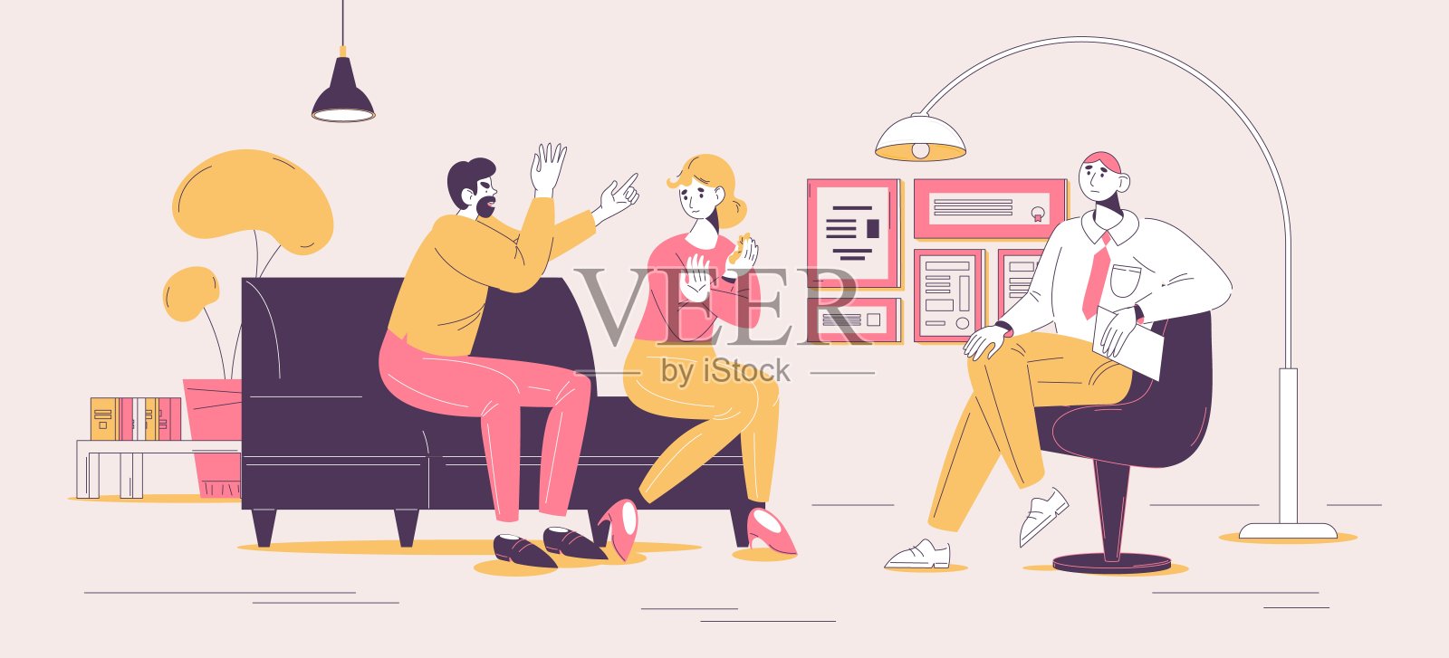 心理治疗场景：施虐者和受害者在沙发上争吵插画图片素材