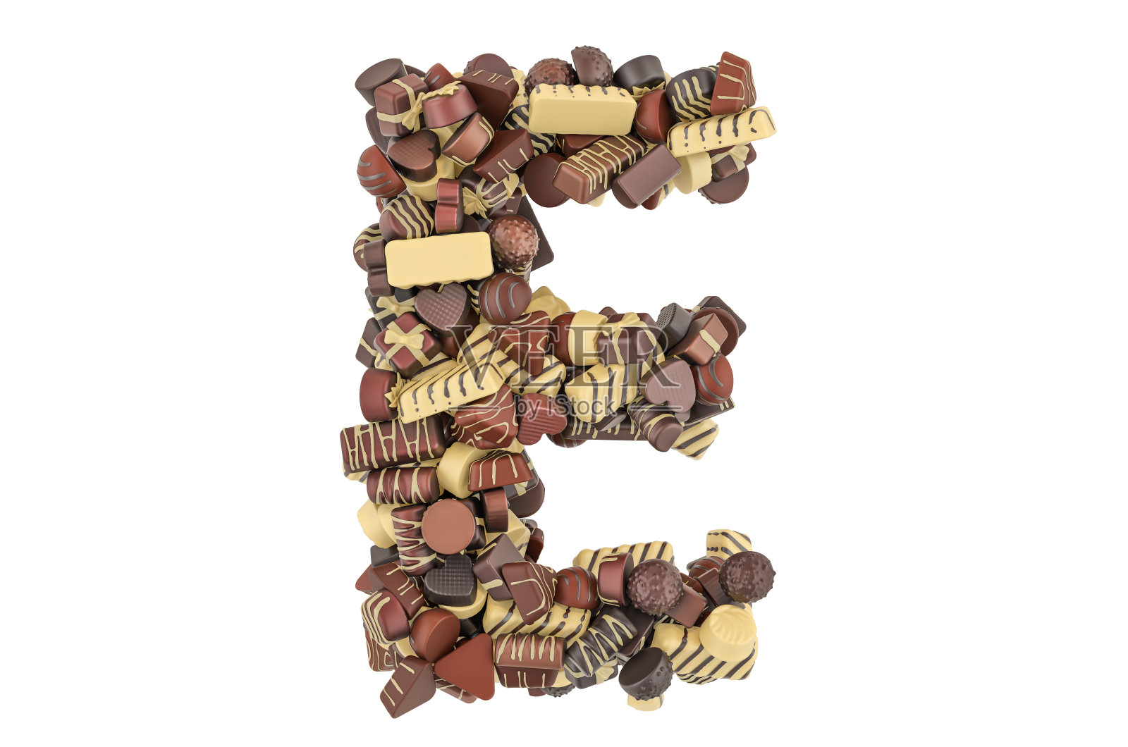 字母E来自巧克力糖果。3D渲染孤立的白色背景照片摄影图片