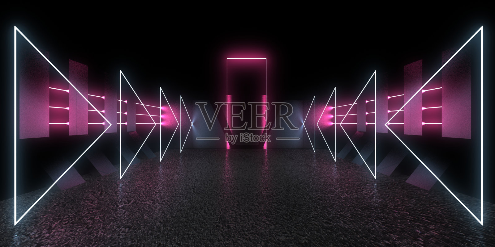 3D抽象背景与霓虹灯。空间建设。三维演示照片摄影图片