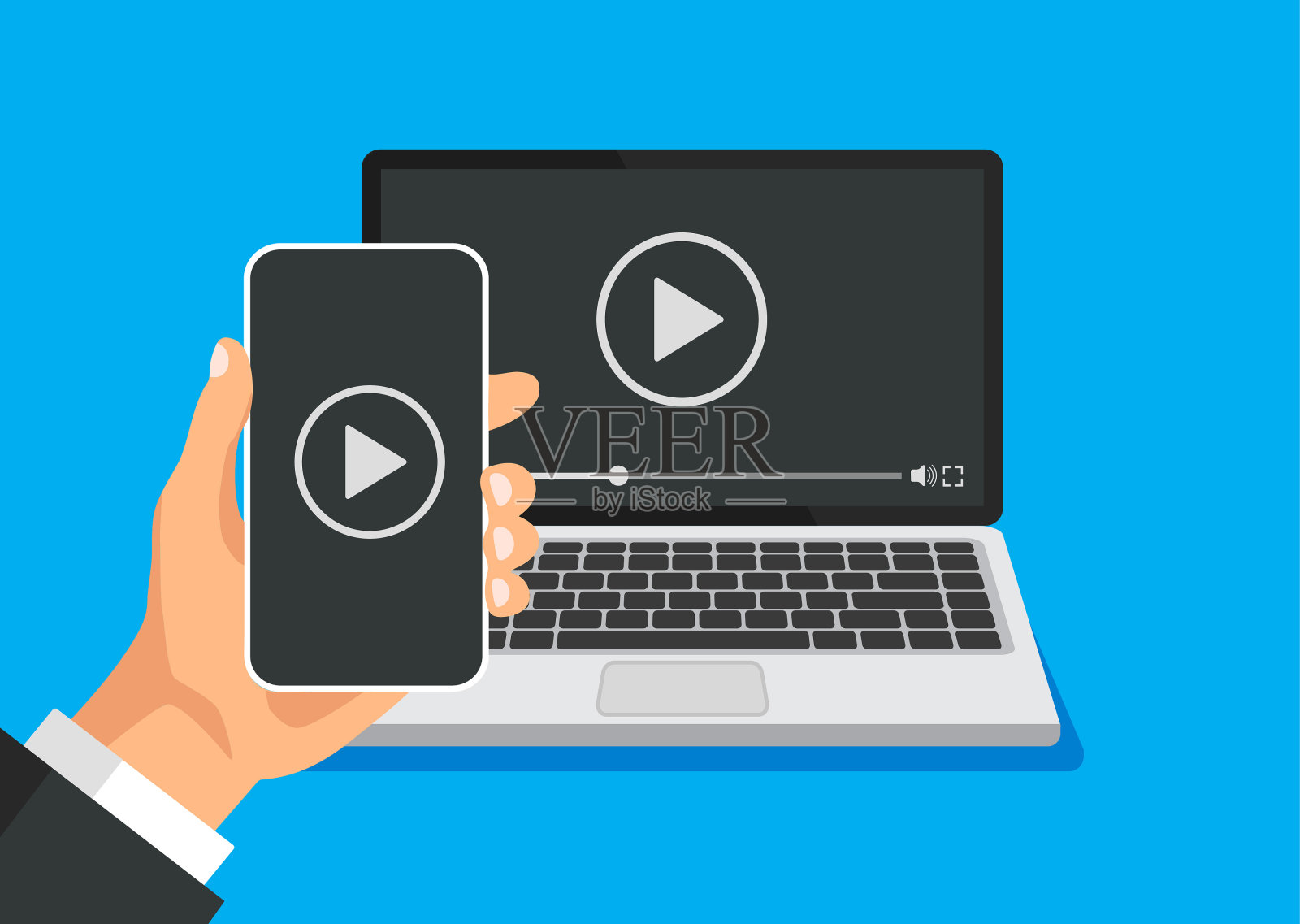 手机连接到电视流媒体和观看视频内容。插画图片素材