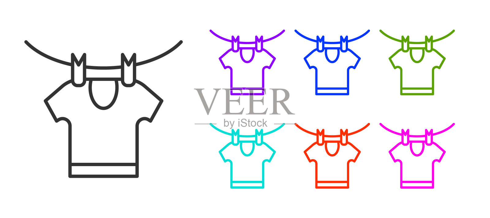 黑线干燥衣服图标孤立在白色背景。干净的衬衫。用衣夹在绳子上洗衣服。衣物护理和整洁。设置图标丰富多彩。向量插画图片素材