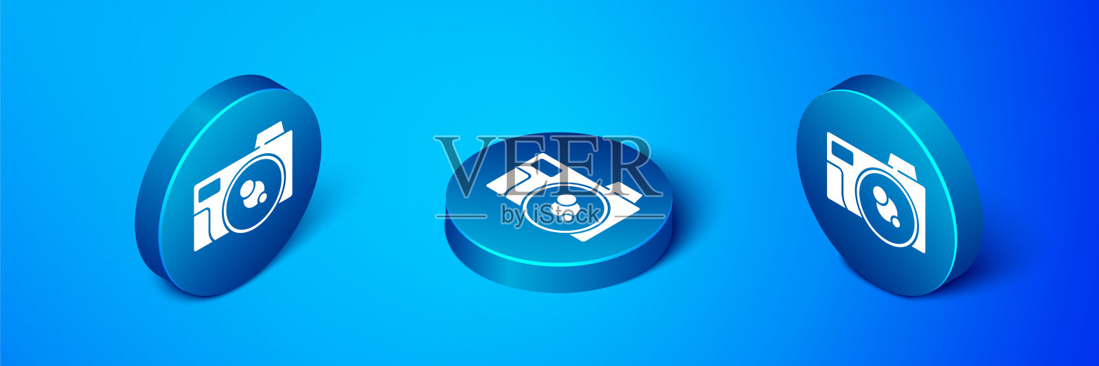 等距摄影相机图标孤立在蓝色背景。与相机图标。蓝色圆按钮。向量图标素材