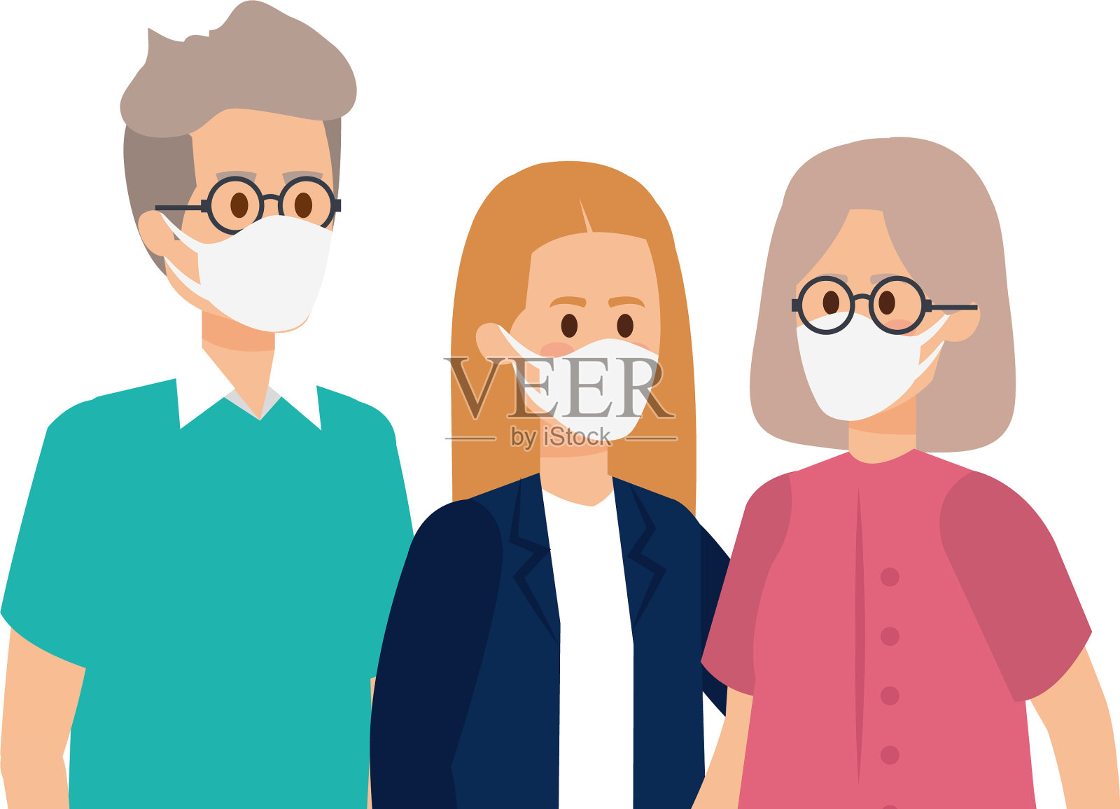 可爱的家庭团体使用口罩插画图片素材