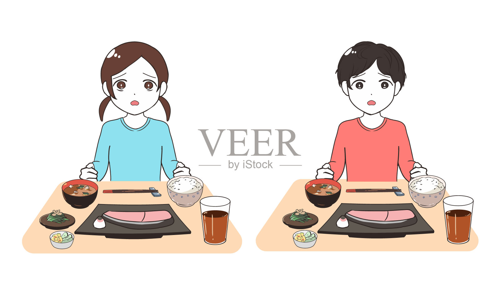 一个孩子悲伤地吃着东西插画图片素材