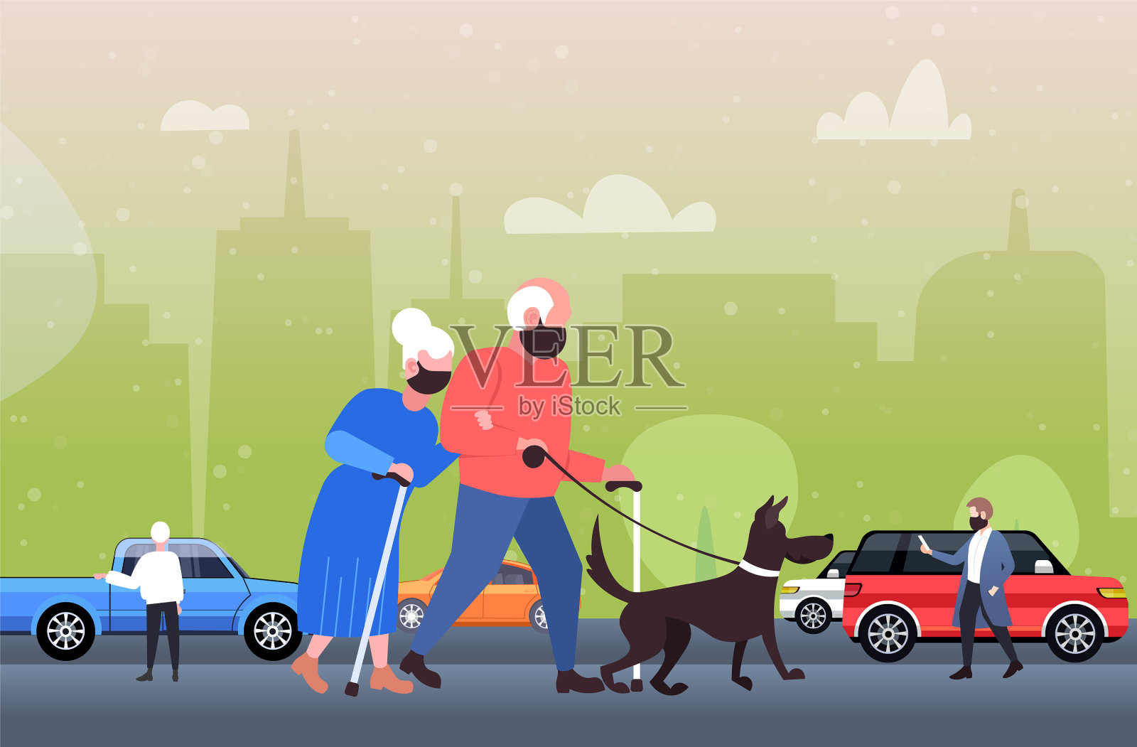 成熟的夫妇遛狗老男人女人插画图片素材