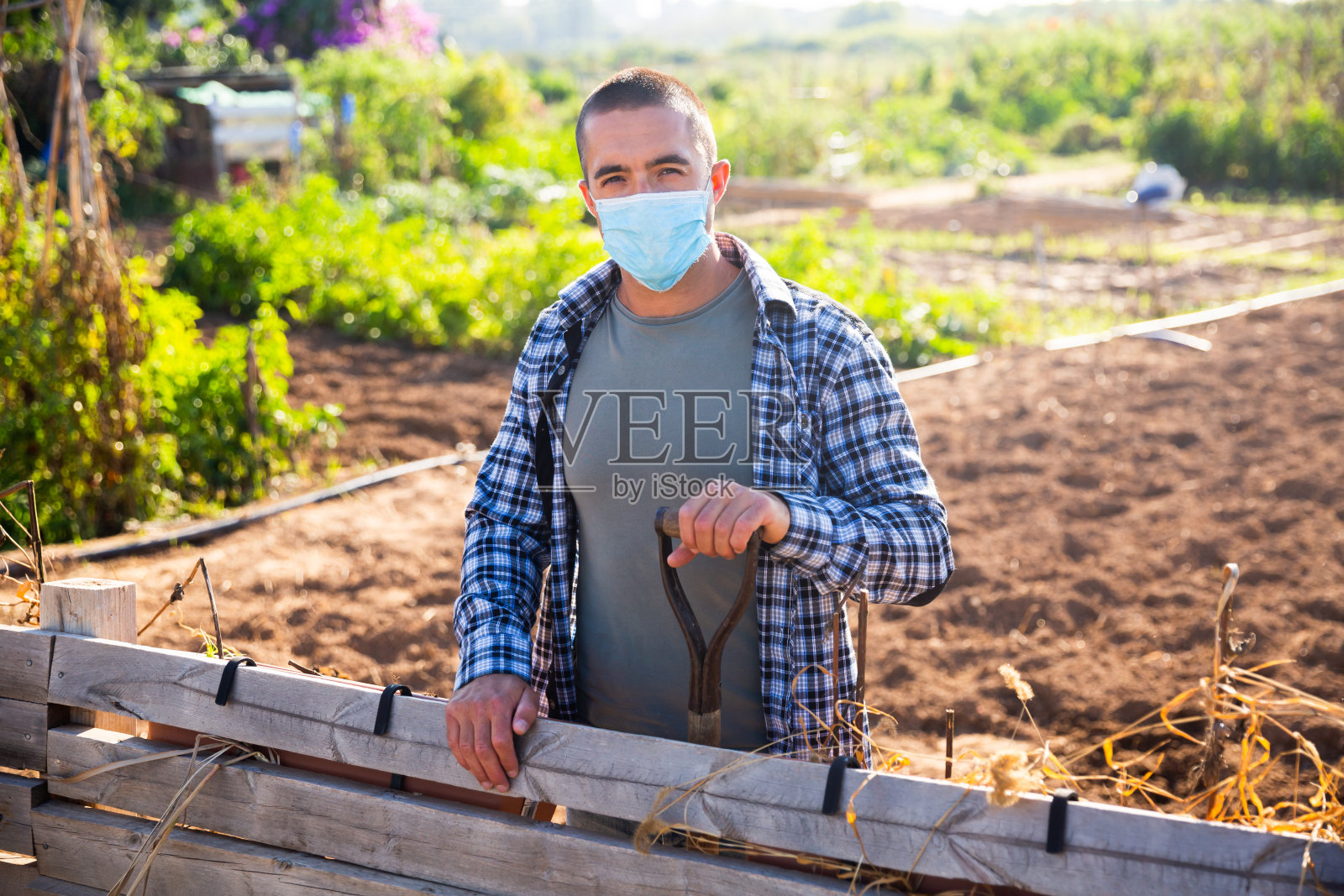 年轻的园丁在他的家园戴着防护口罩照片摄影图片