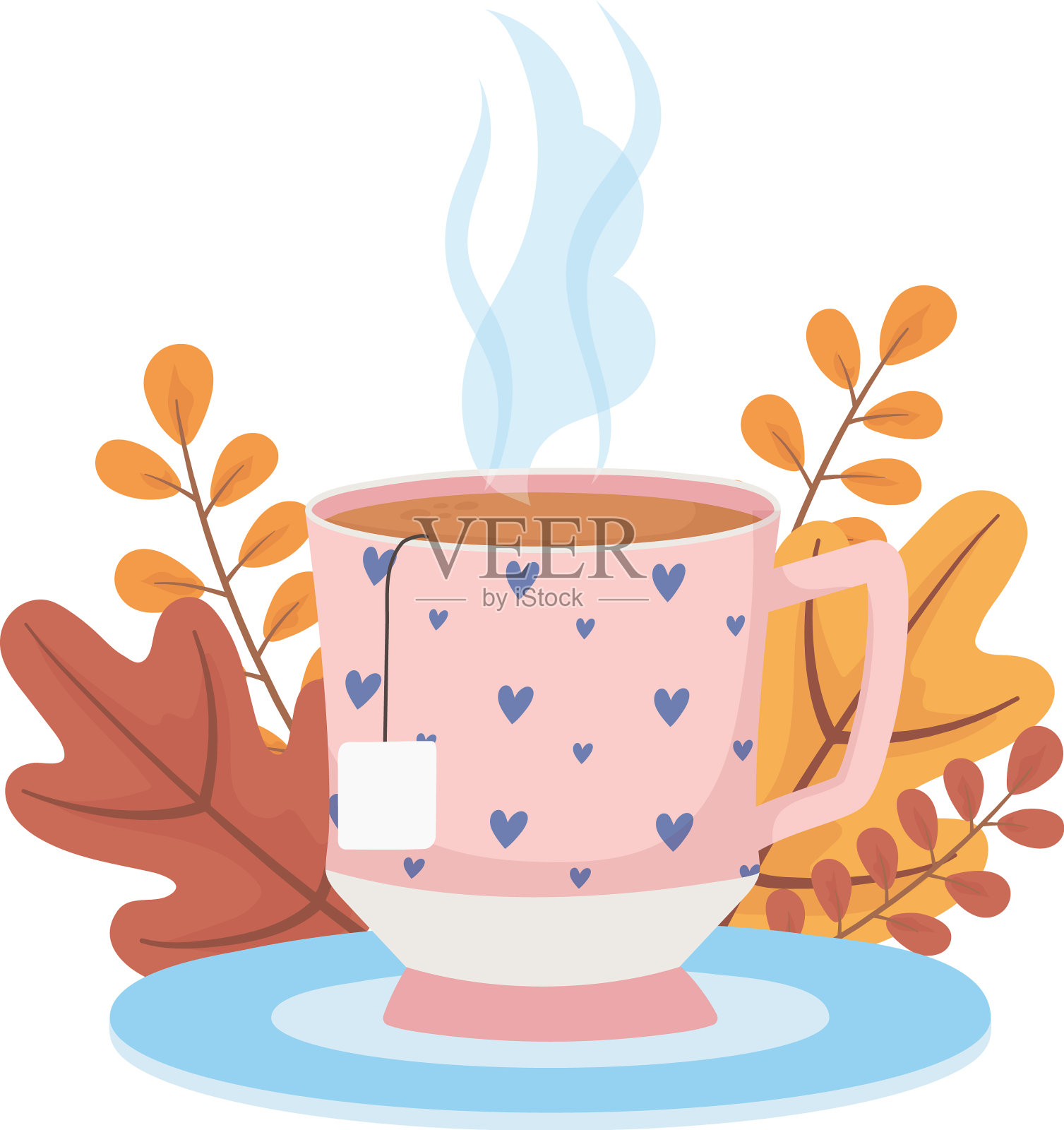 咖啡时间和茶杯茶包上碟叶设计元素图片