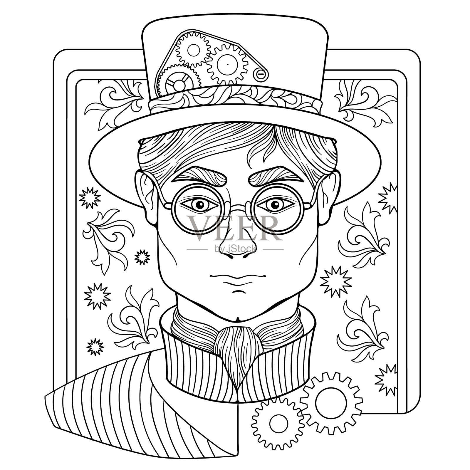 成人涂色页，男人脸和设计元素图片