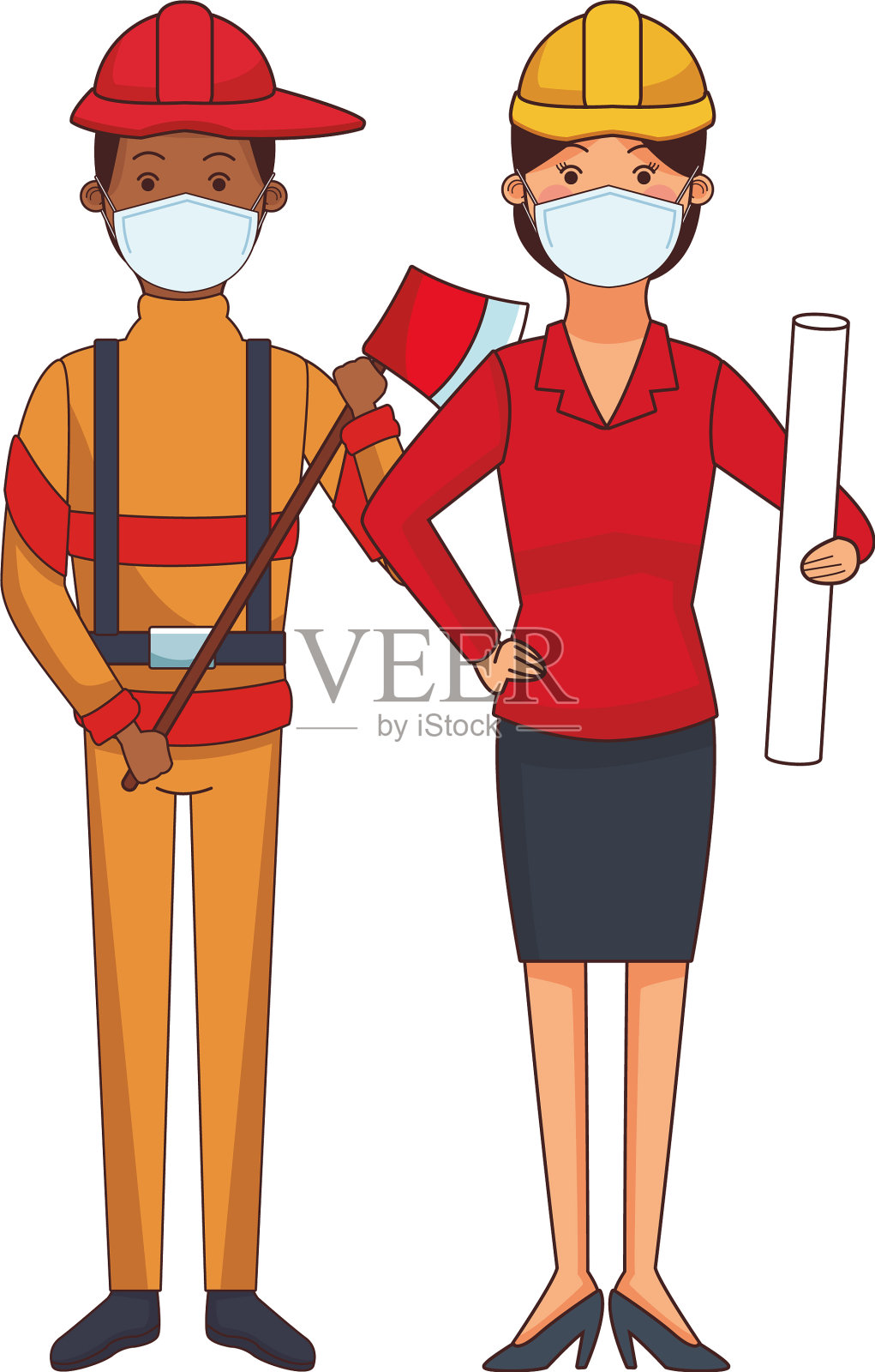 消防员和建筑师都戴着口罩插画图片素材