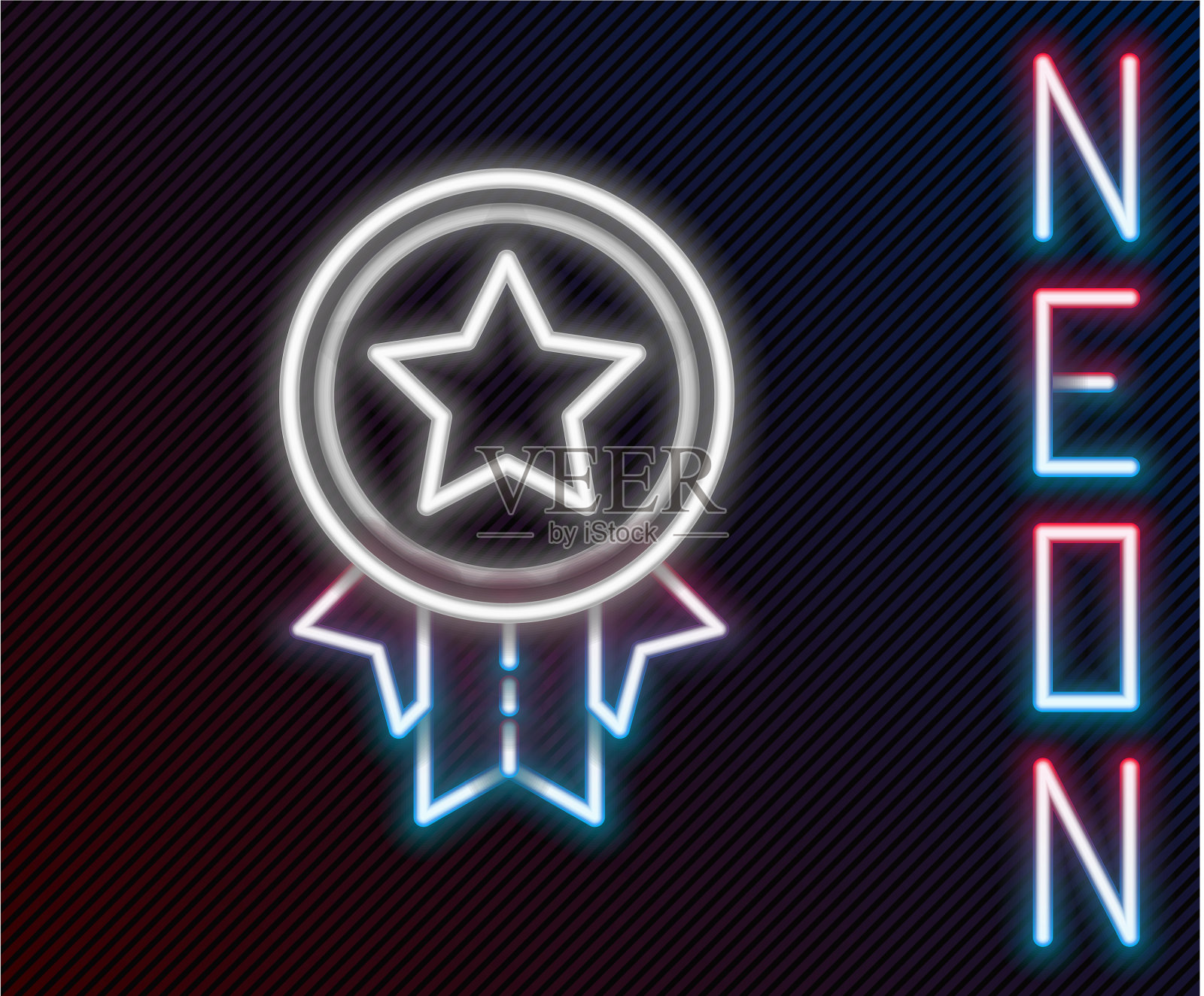 发光的霓虹灯线奖章与星图标隔离插画图片素材