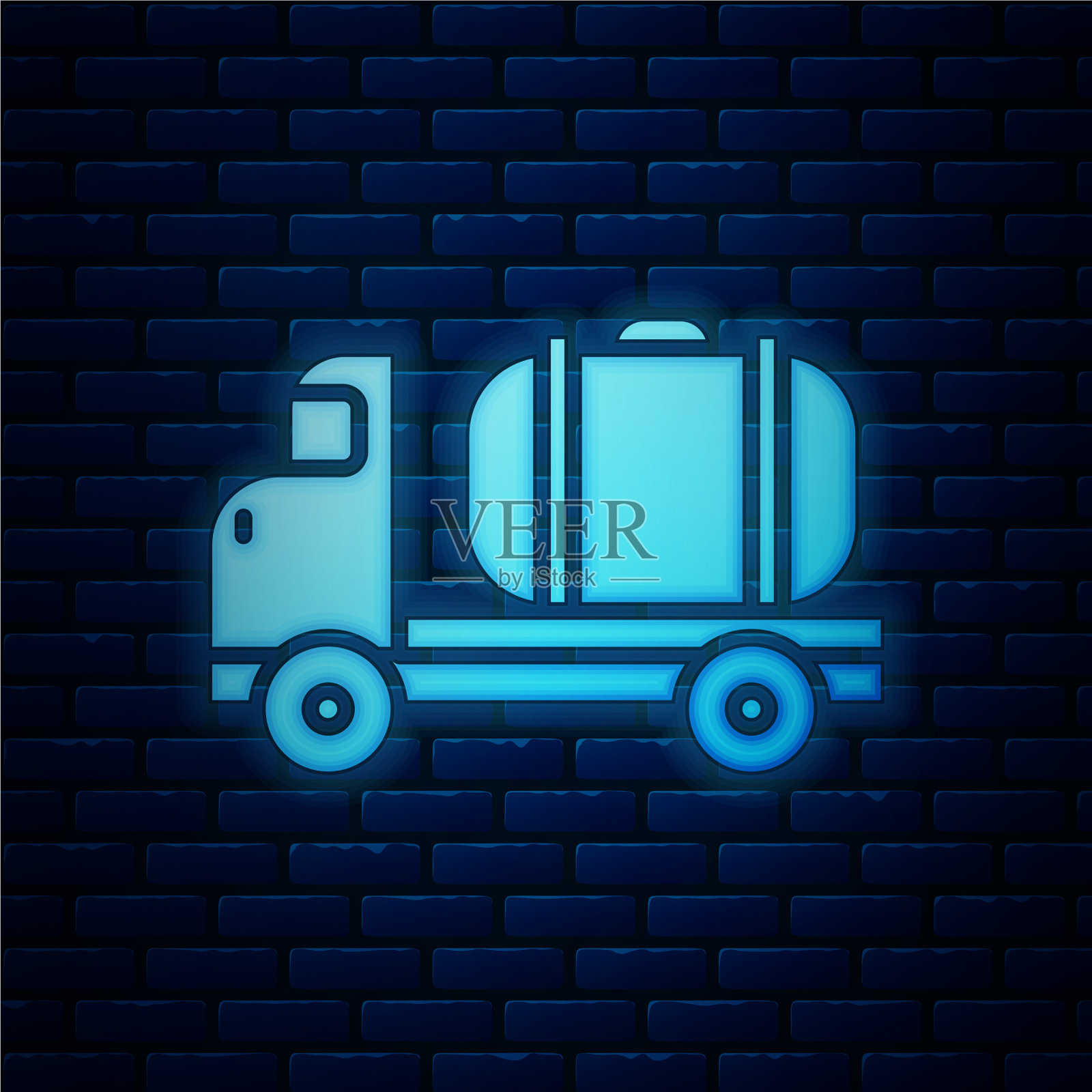 发光的霓虹灯油罐车图标孤立在砖块上插画图片素材