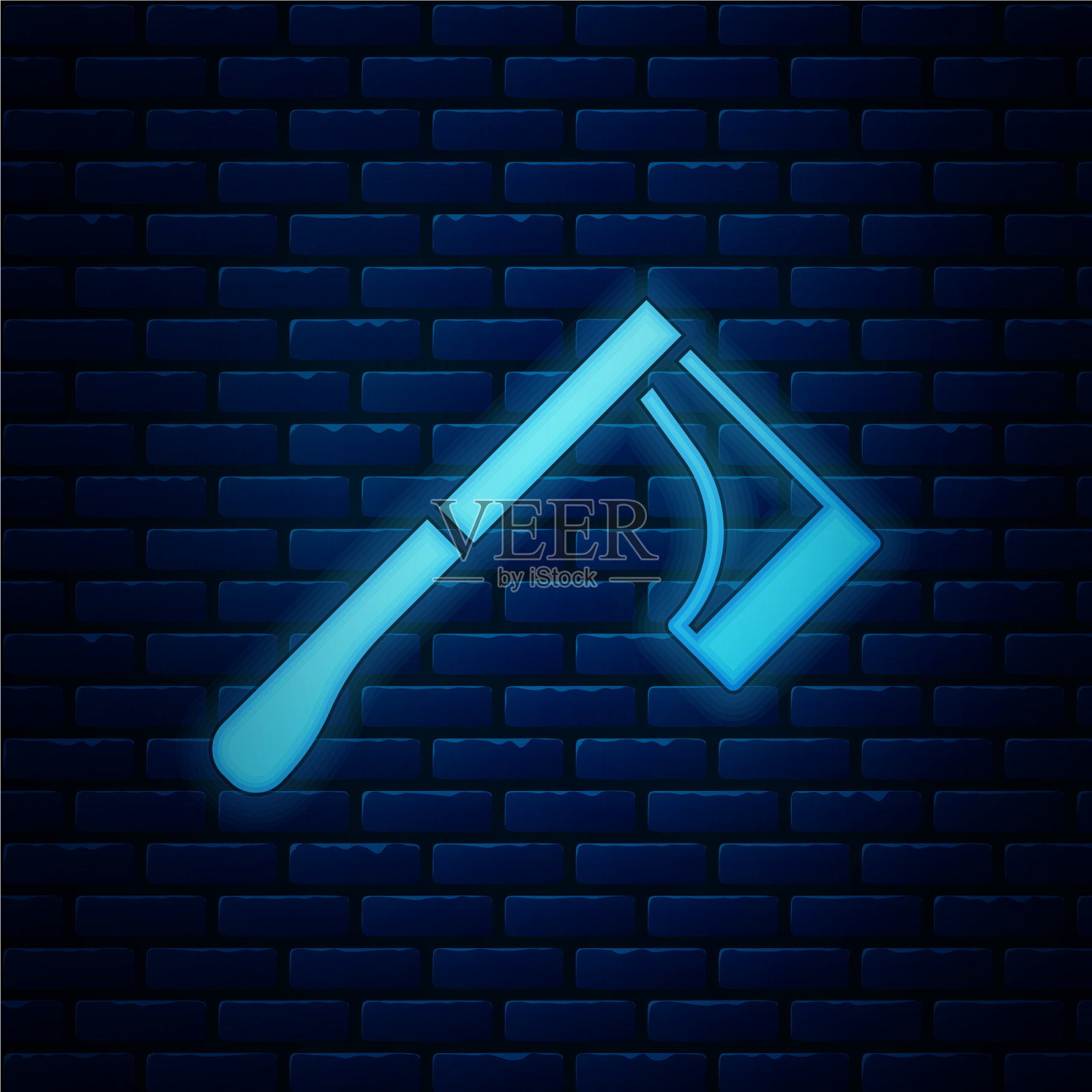 发光的霓虹灯木斧图标孤立在砖块上插画图片素材