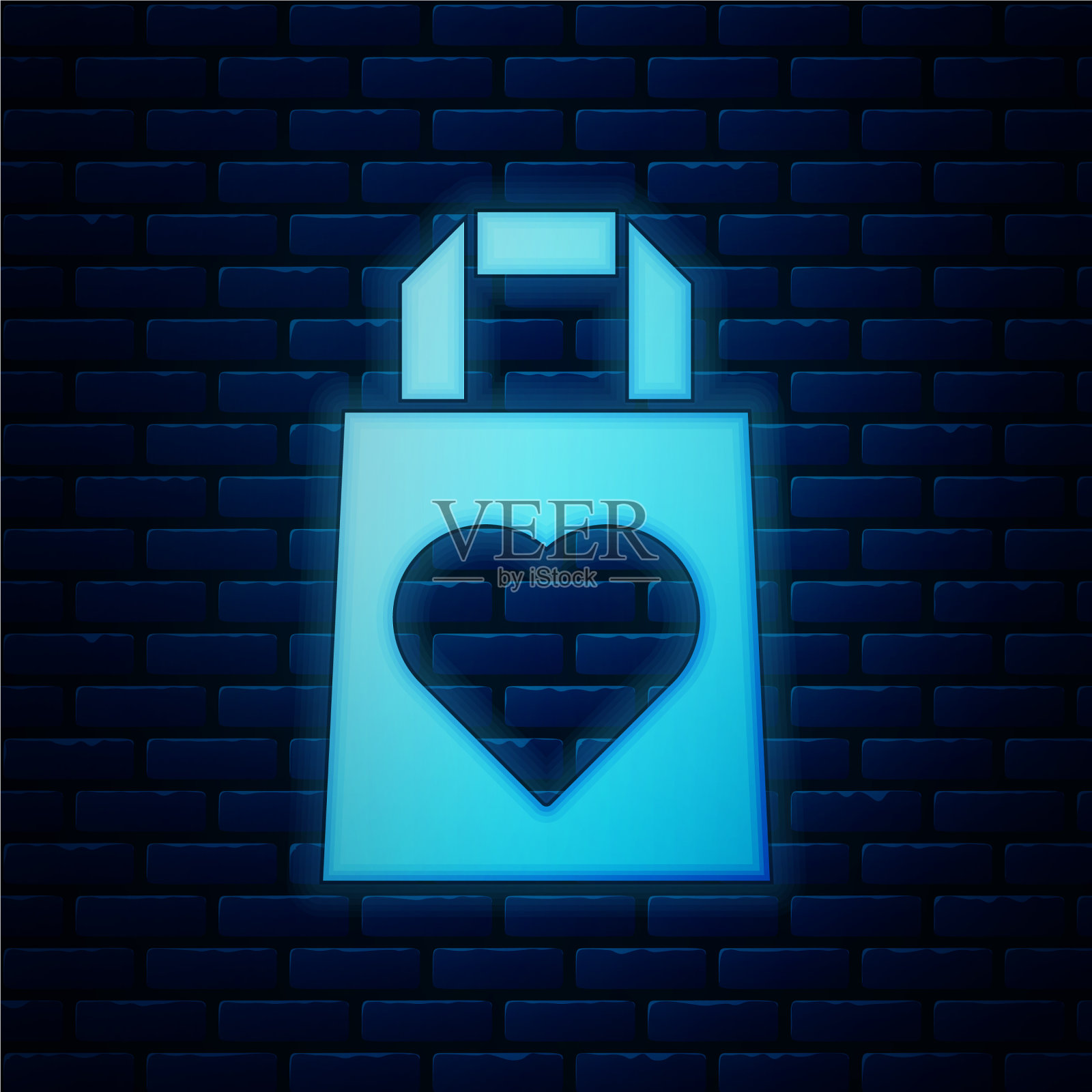 发光的霓虹购物袋与心脏图标孤立插画图片素材