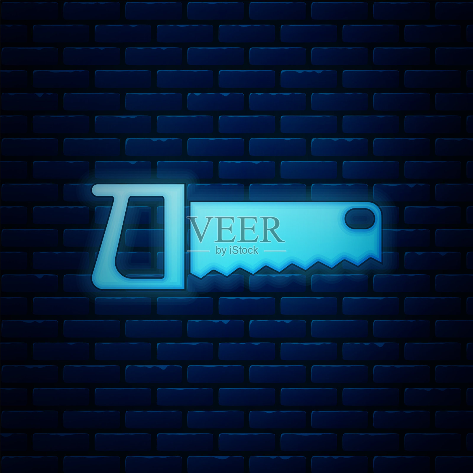 霓虹灯手锯图标孤立在砖墙上插画图片素材