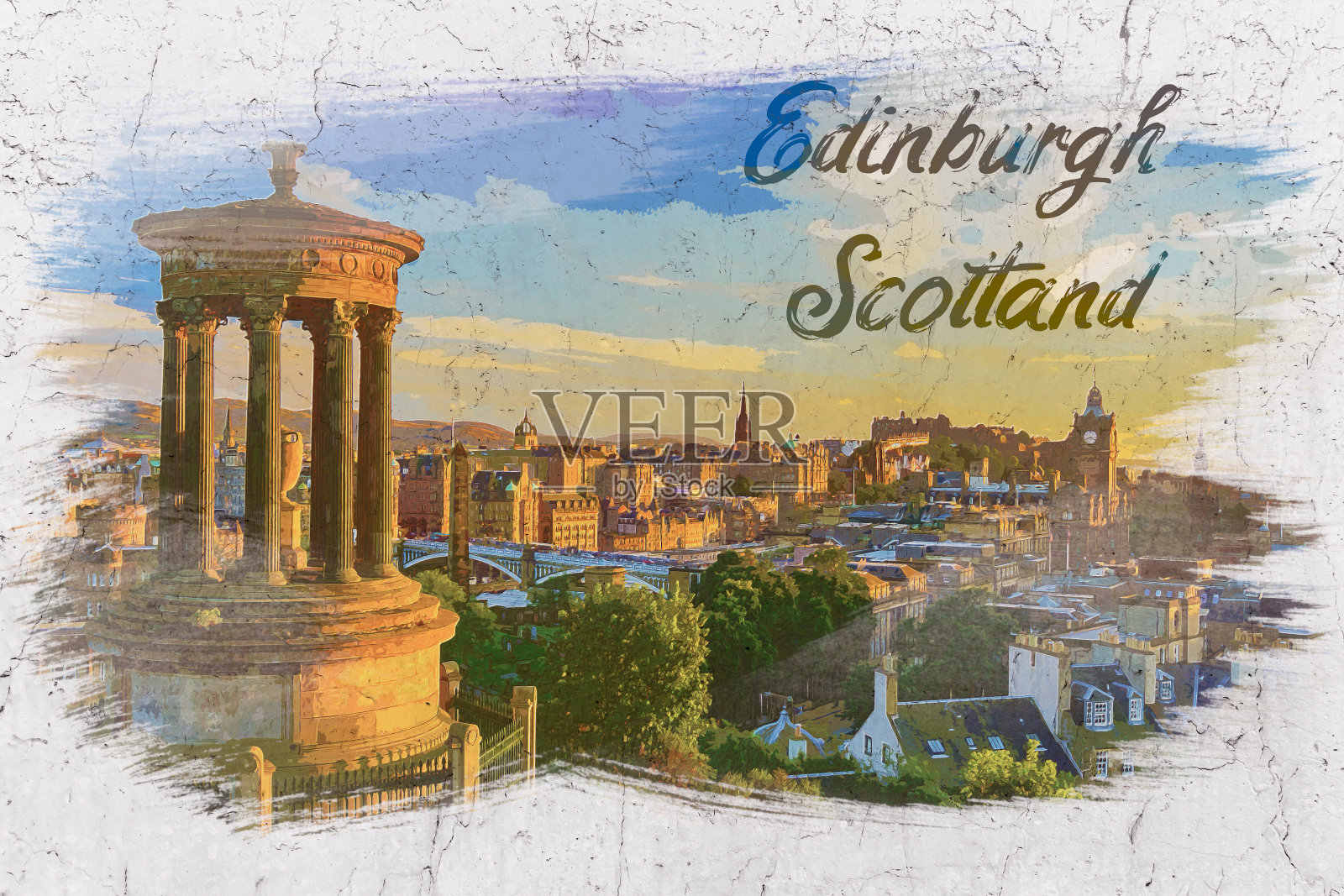 从卡尔顿山到爱丁堡城堡，水彩画插画图片素材