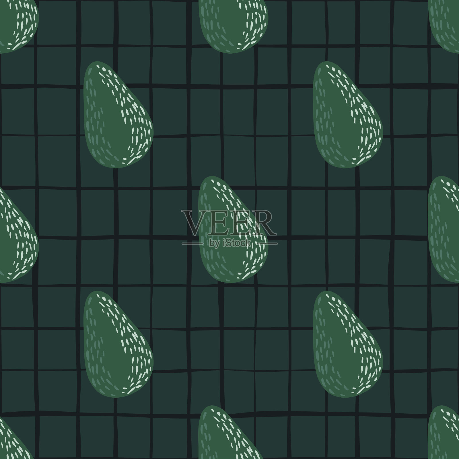 暗白色的无缝水果图案与健康的牛油果。素食简单的印花在方格背景。插画图片素材