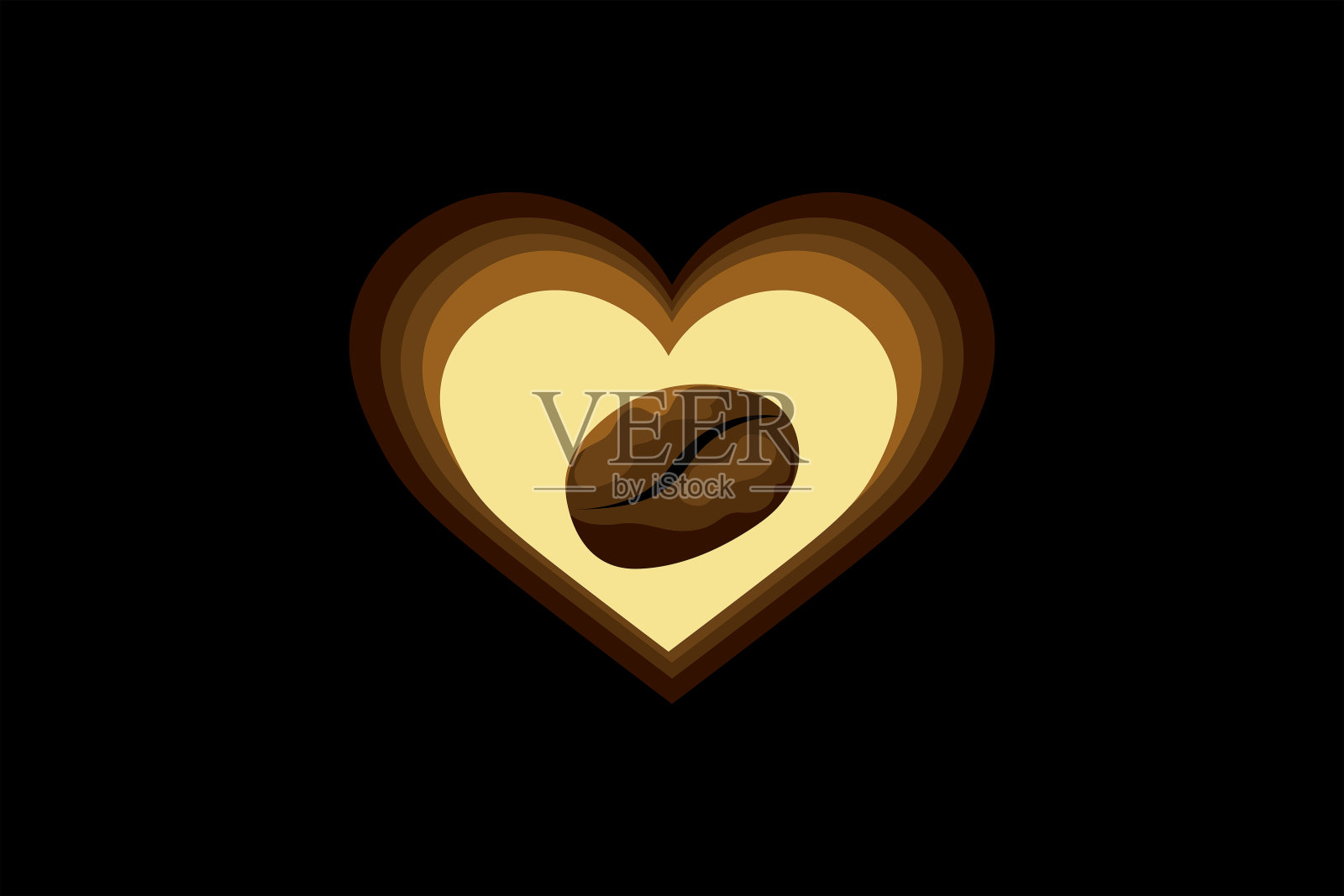 黑色背景上的咖啡豆和明亮的心。抽象矢量插图极简风格。插画图片素材