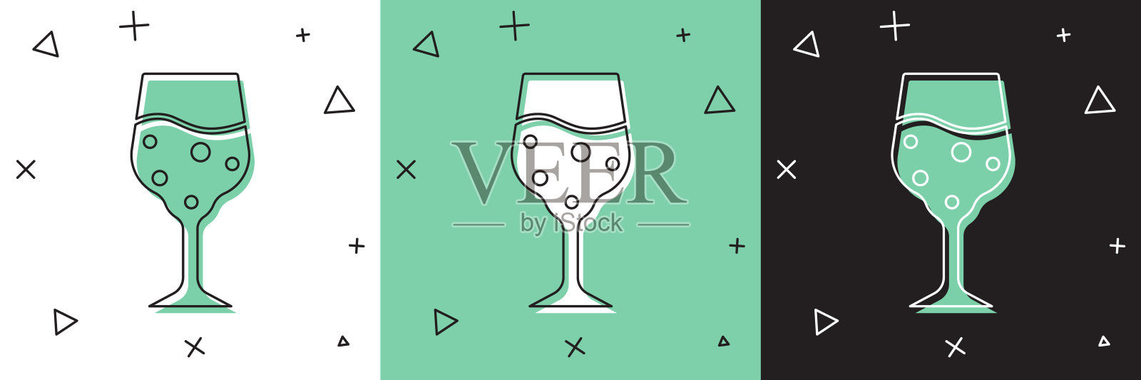 设置玻璃的香槟图标孤立在白色和绿色，黑色的背景。向量插画图片素材