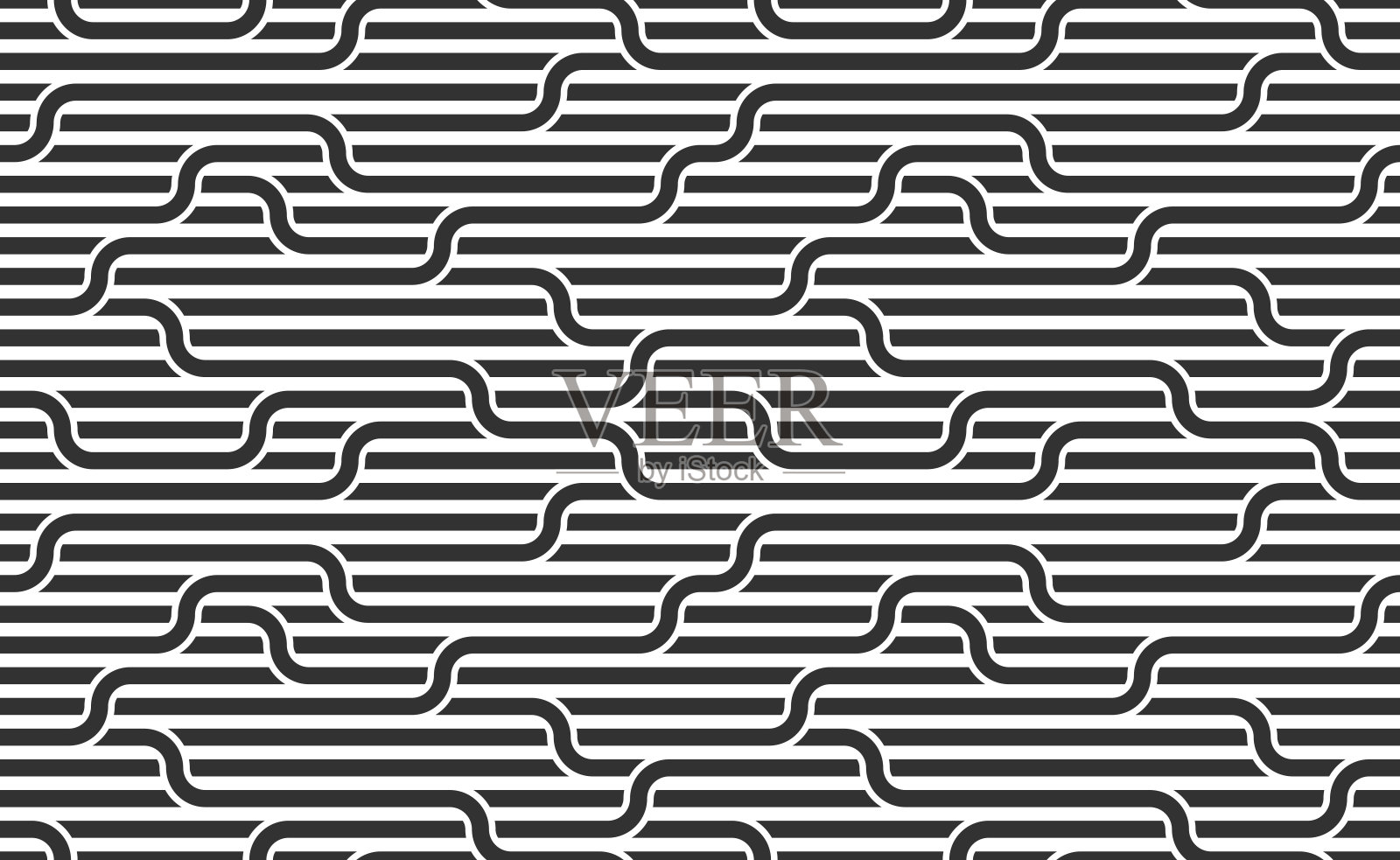 线性无缝背景与扭曲线，矢量抽象几何图案，条纹编织，光学迷宫，网络。黑白设计。插画图片素材