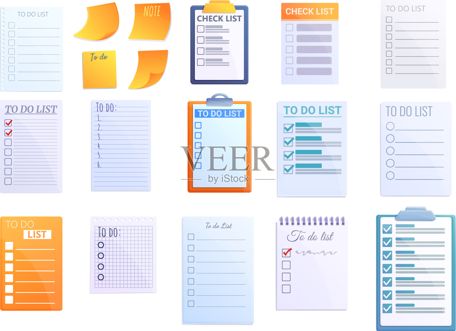 待办事项列表图标设置卡通风格设计元素图片