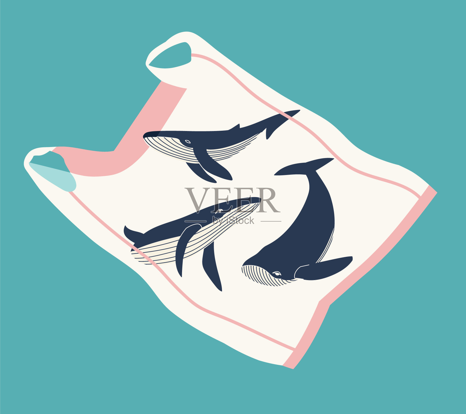 矢量插图的三只鲸鱼在一个米色塑料袋在蓝色的海洋。设计元素图片