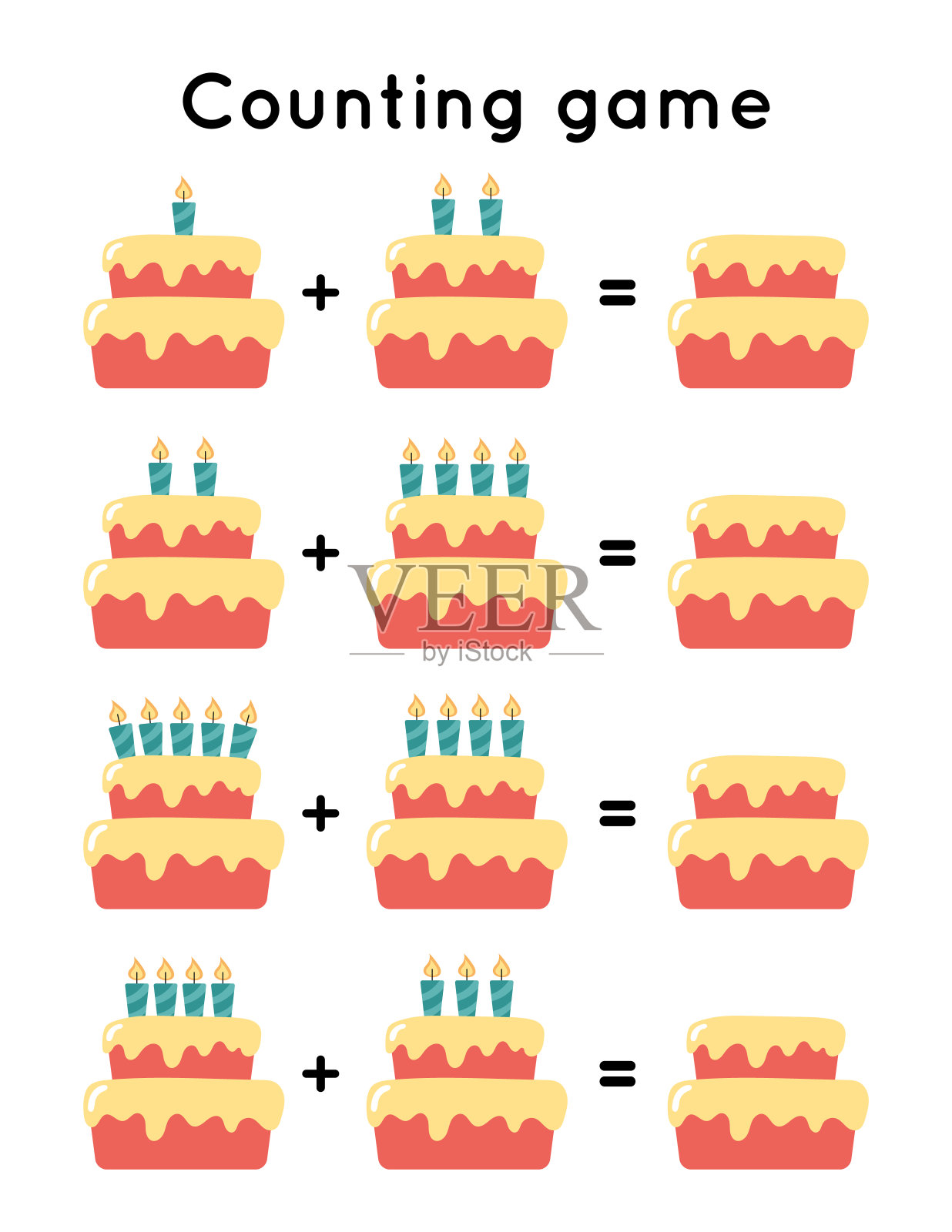 学前儿童的教育计数游戏。可爱的卡通蜡烛生日蛋糕。打印活动工作表。插画图片素材
