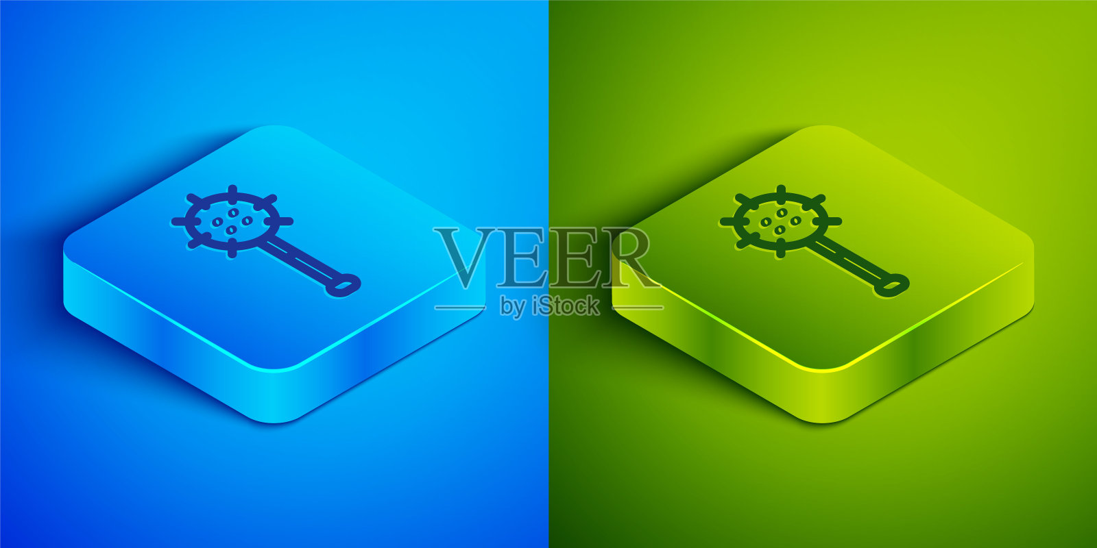 在蓝色和绿色背景上孤立的中世纪链球图标。中世纪的武器。方形按钮。向量插画图片素材