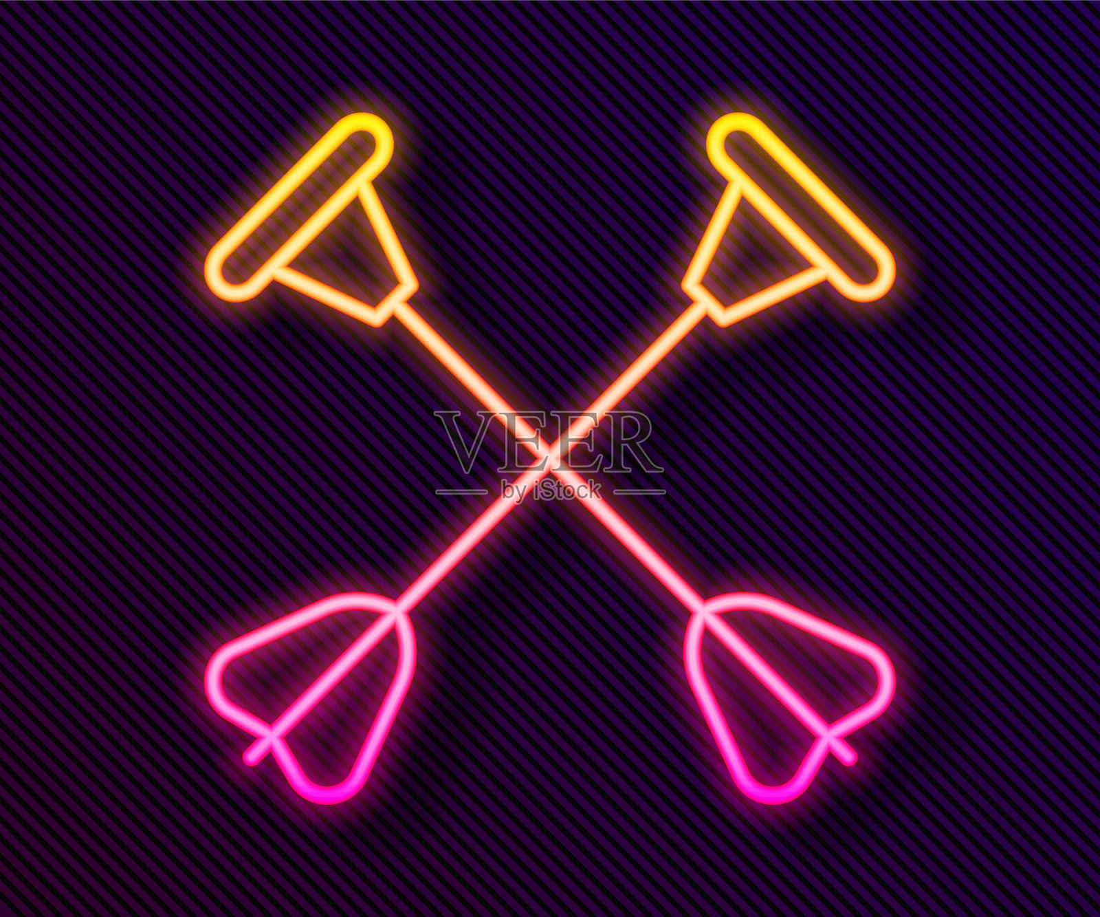 发光的霓虹线箭头吸盘尖图标孤立在黑色背景。向量插画图片素材