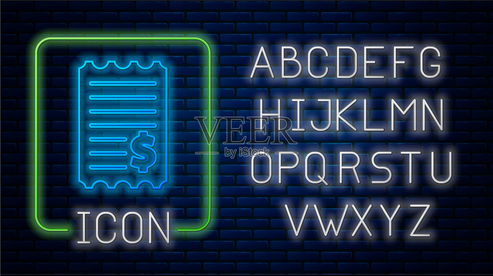 发光的霓虹灯纸支票和财务支票图标插画图片素材