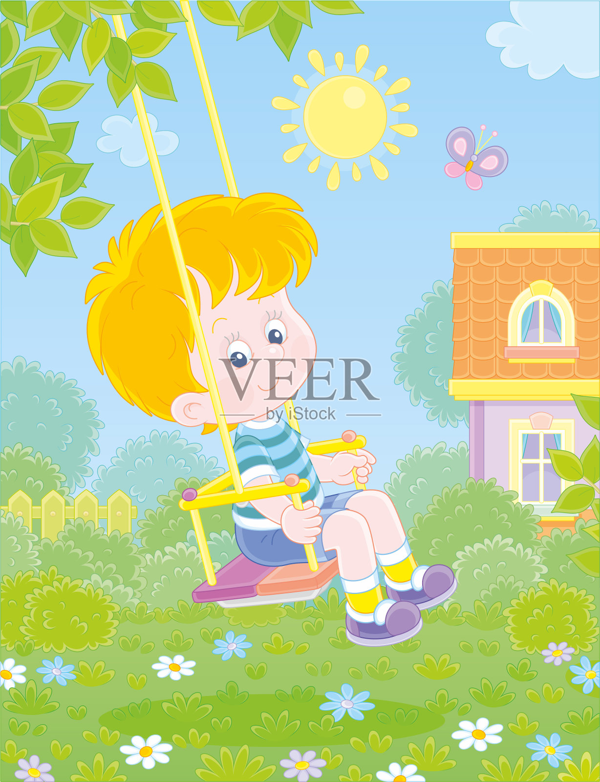 小男孩在避暑小屋的院子里荡秋千插画图片素材