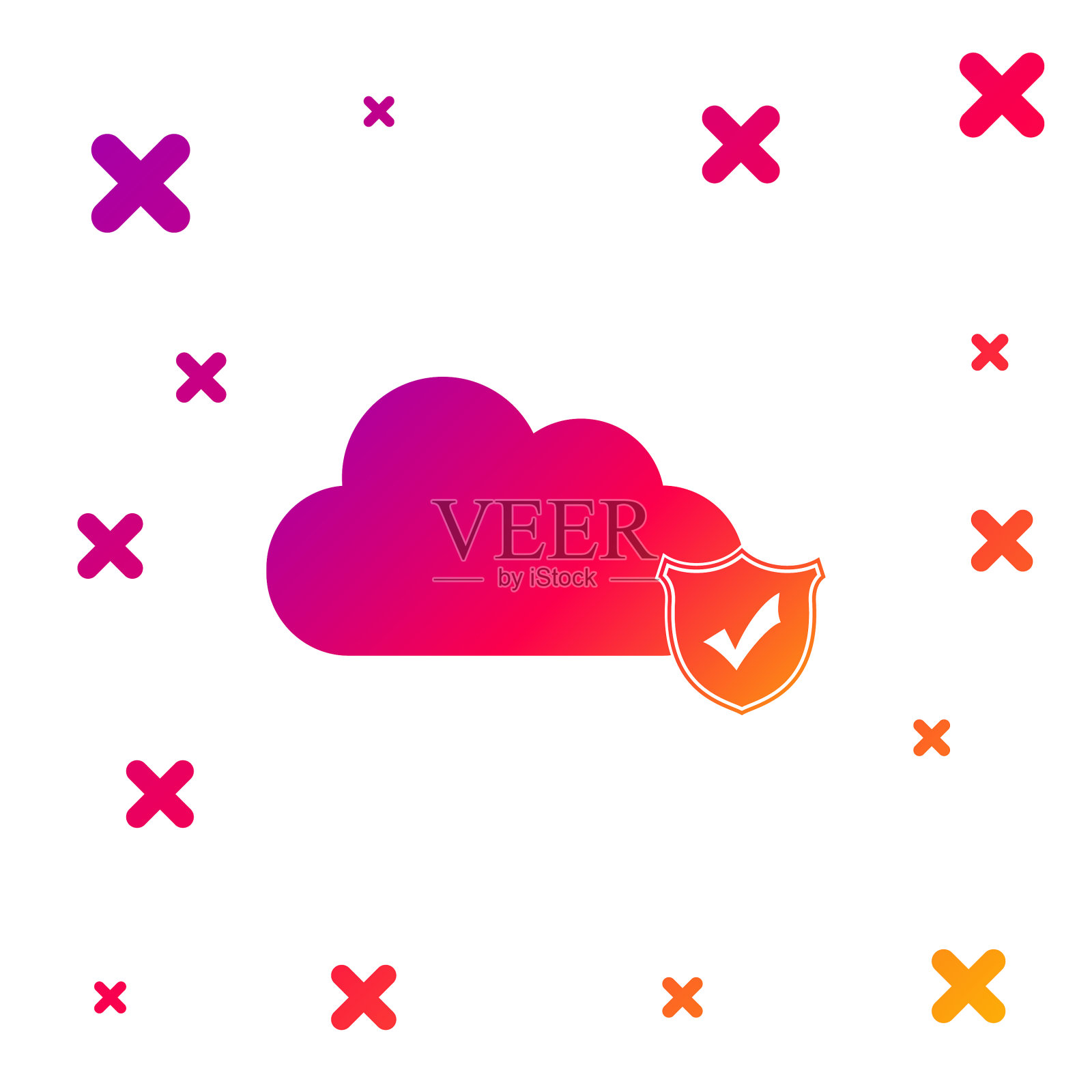 颜色云和盾牌与检查标记图标上插画图片素材