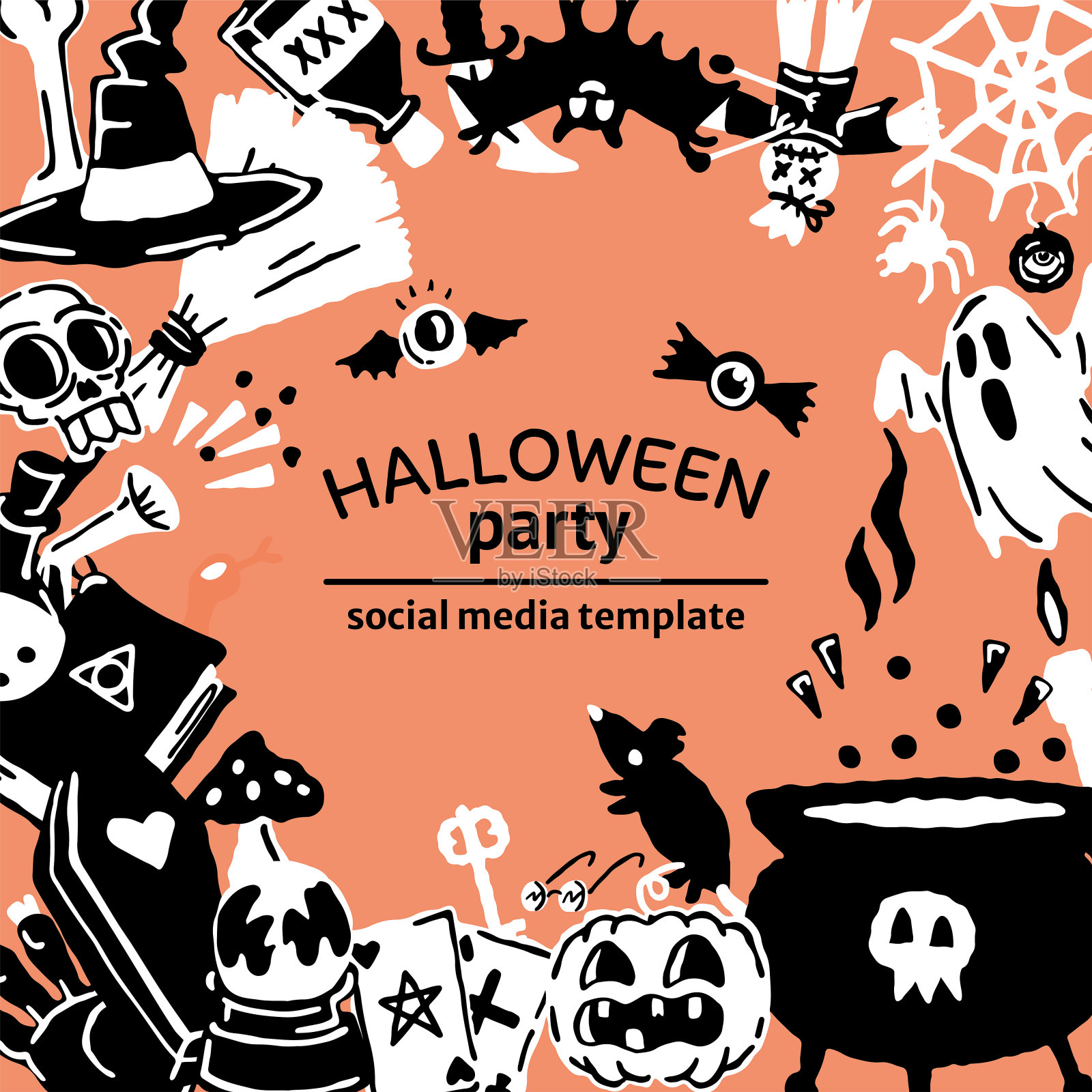 万圣节派对的魔法元素。魔术帽，蝙蝠，骷髅，蜡烛，南瓜，魔术球，扑克牌，鬼，蛇，蘑菇，毒药，刀，网，蜘蛛，眼睛，骨头，魔术书，蜡烛插画图片素材