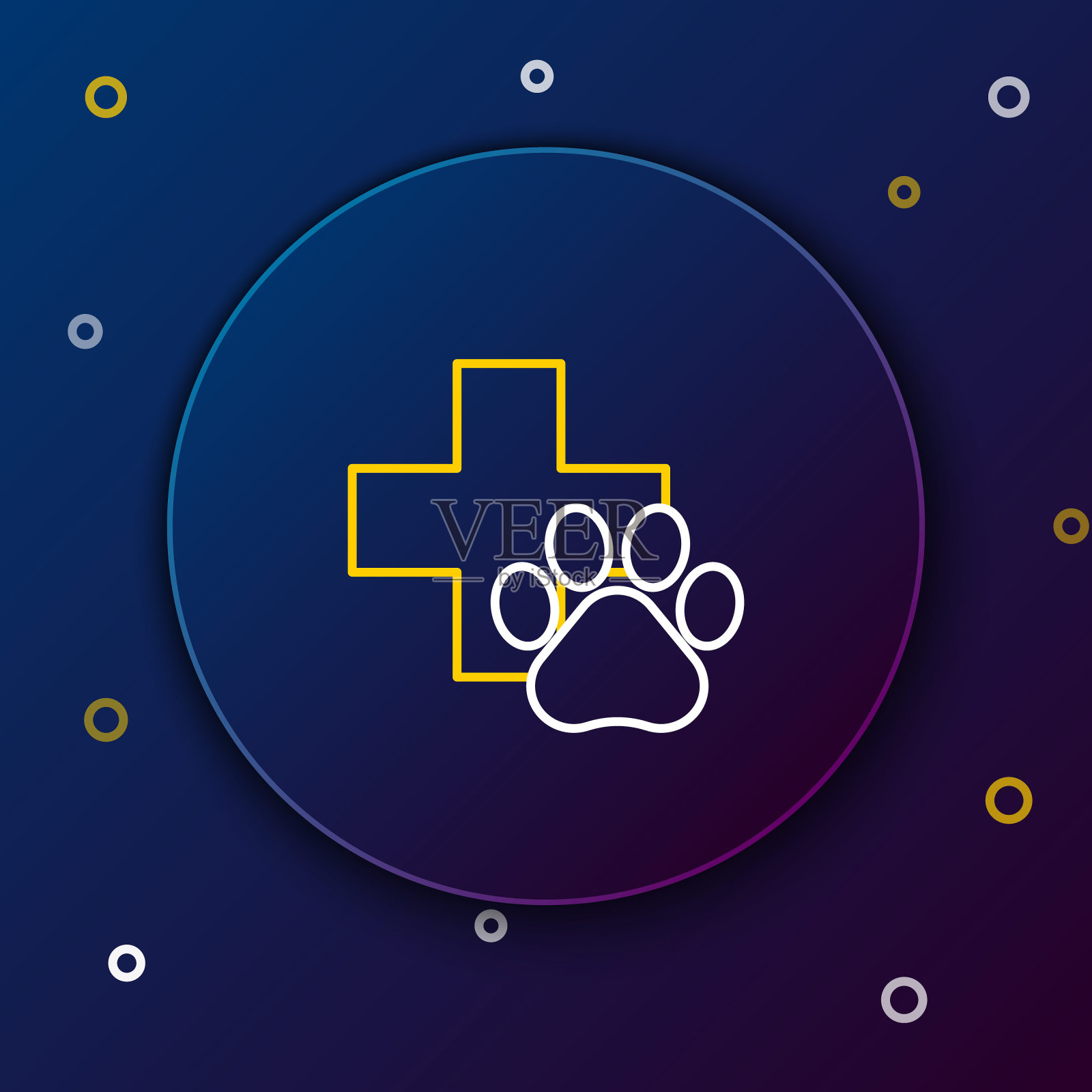 白色和黄色线兽医诊所标志图标在深蓝色的背景。十字医院的迹象。一个程式化的爪印狗或猫。宠物急救标志。色彩斑斓的轮廓的概念。矢量图插画图片素材