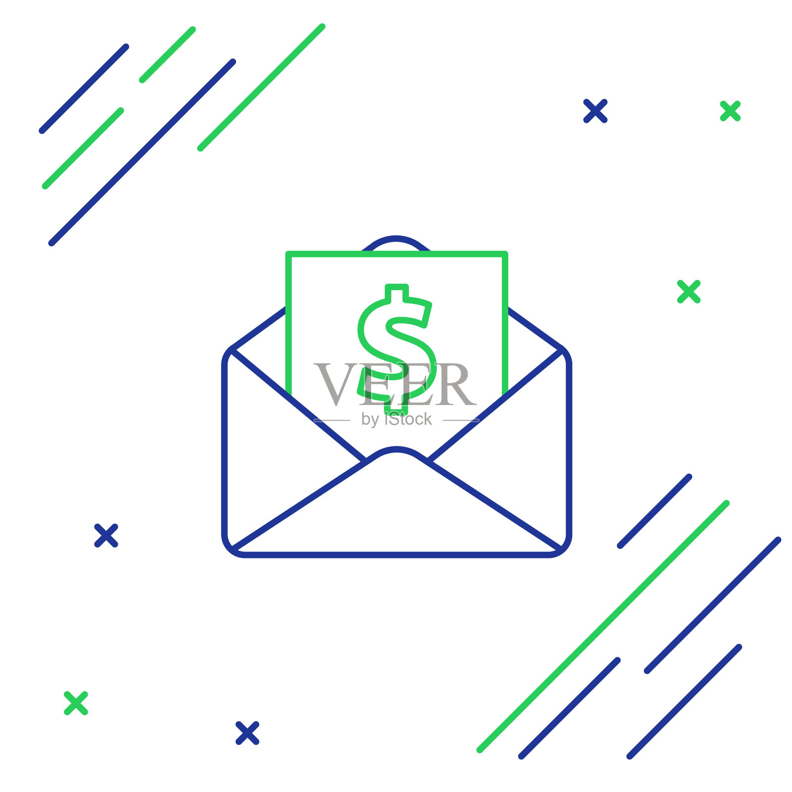 线信封与硬币美元符号图标孤立在白色背景。加薪，工资，补偿收入。色彩斑斓的轮廓的概念。向量插画图片素材