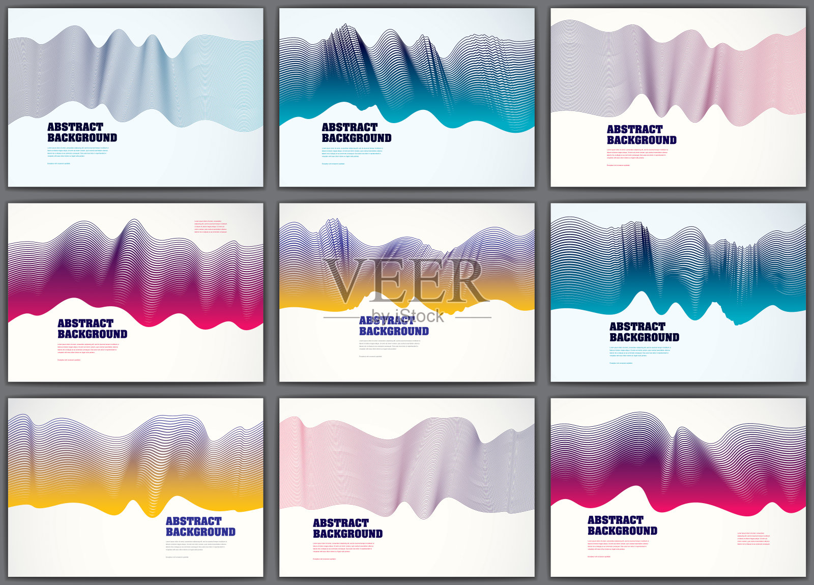 抽象流体矢量背景与彩色线波设置。3d色彩渐变运动艺术。线条纹理，动态表面，曲线线条，流动形状。设计模板素材