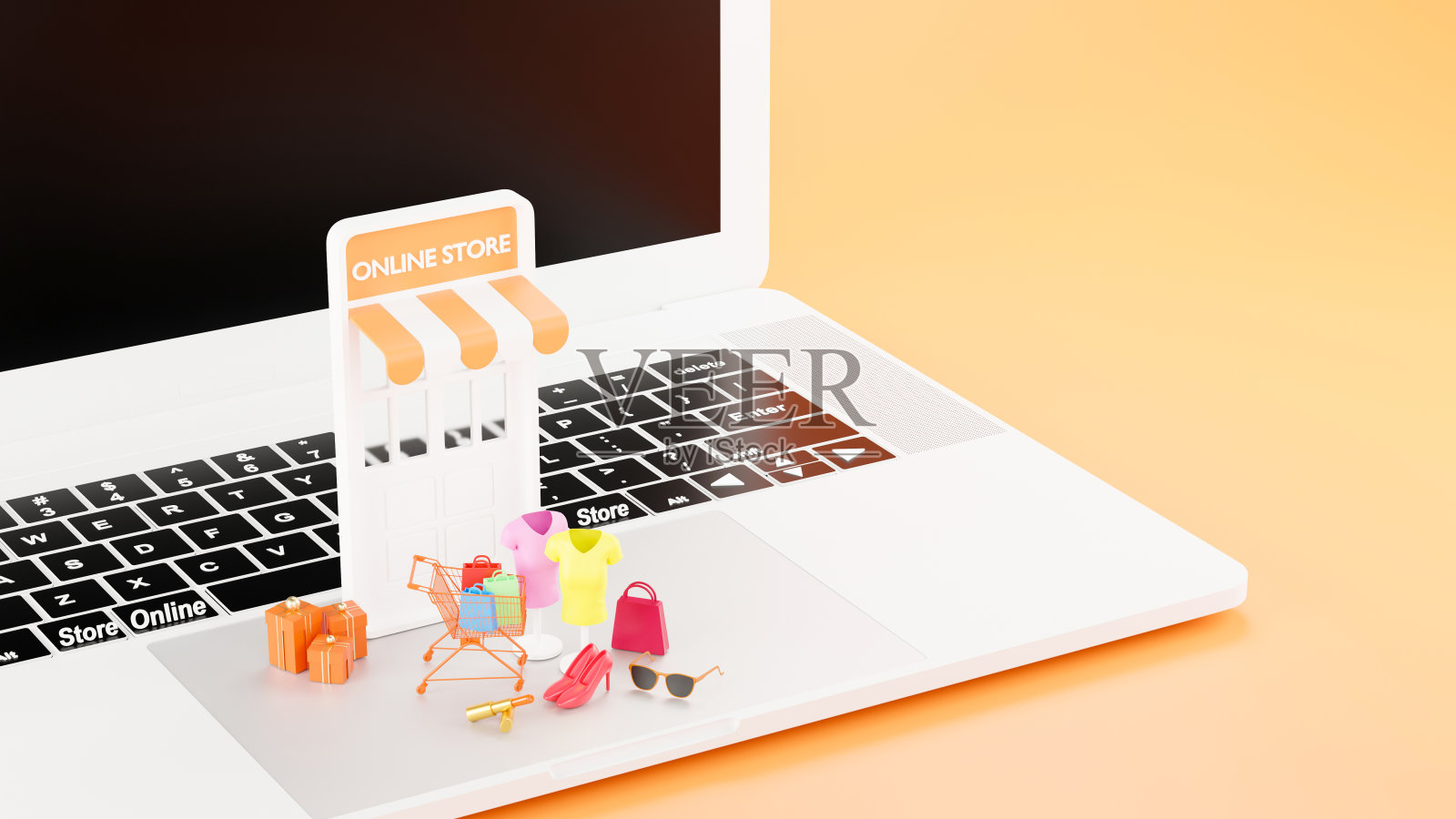 笔记本电脑在线商城输入内容，周围是鞋子、眼镜、口红、衬衫、购物袋等橙色背景，3d渲染。照片摄影图片