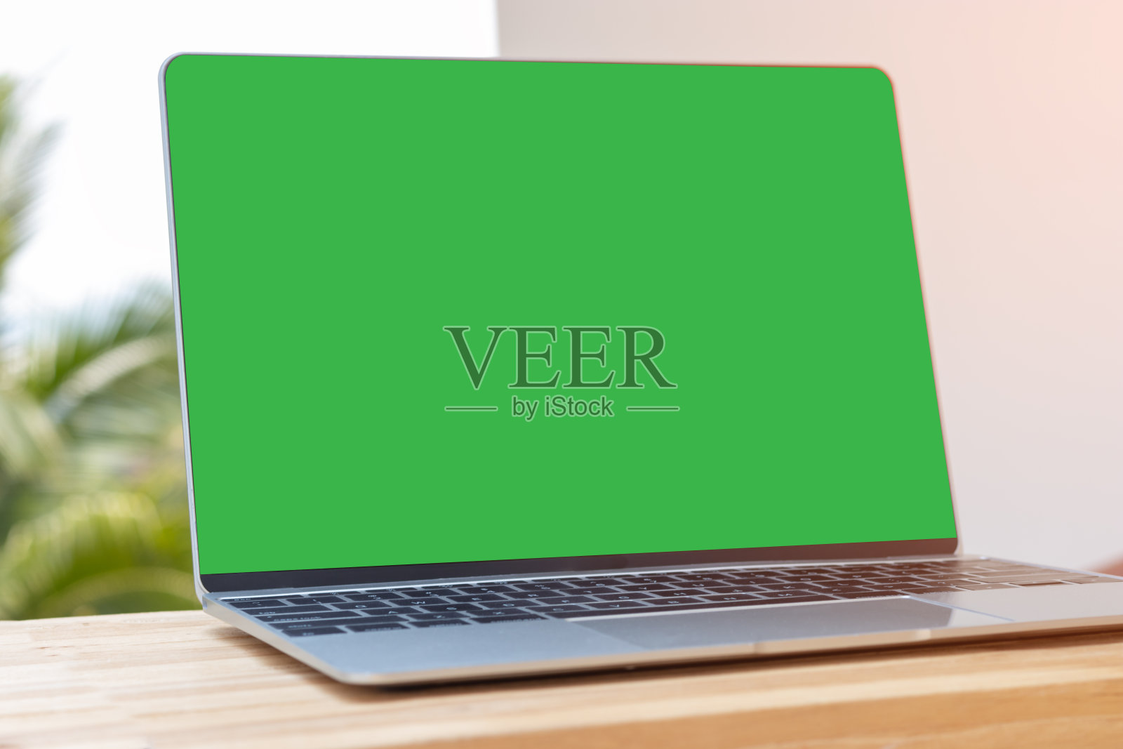 在户外的木桌上模拟笔记本电脑的绿色空白屏幕，并以自然为背景。照片摄影图片