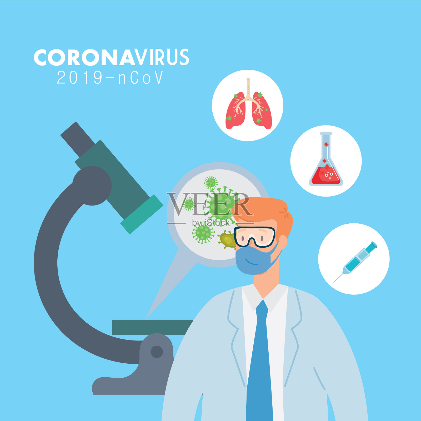 covid - 19微粒与医生使用口罩和插画图片素材