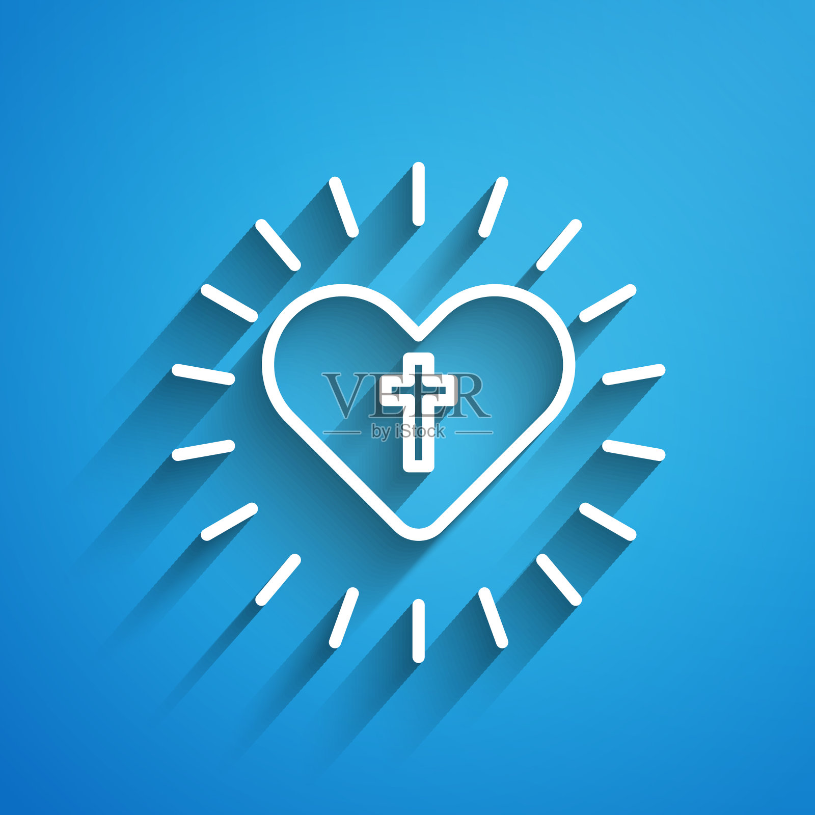 白线基督教十字架和心脏图标孤立插画图片素材