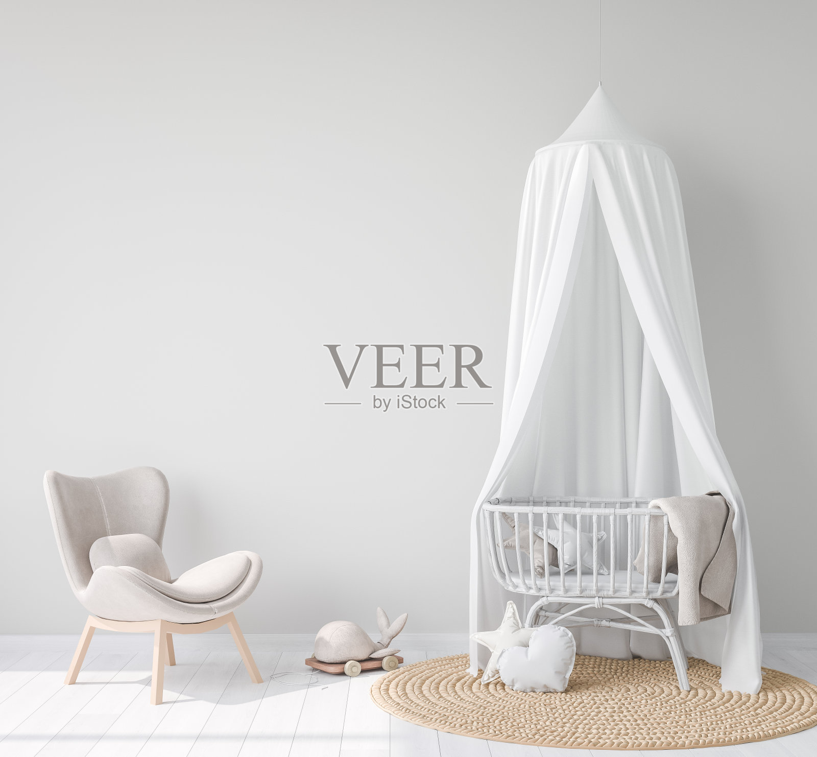 北欧风格农舍内婴儿房样机墙壁背景照片摄影图片