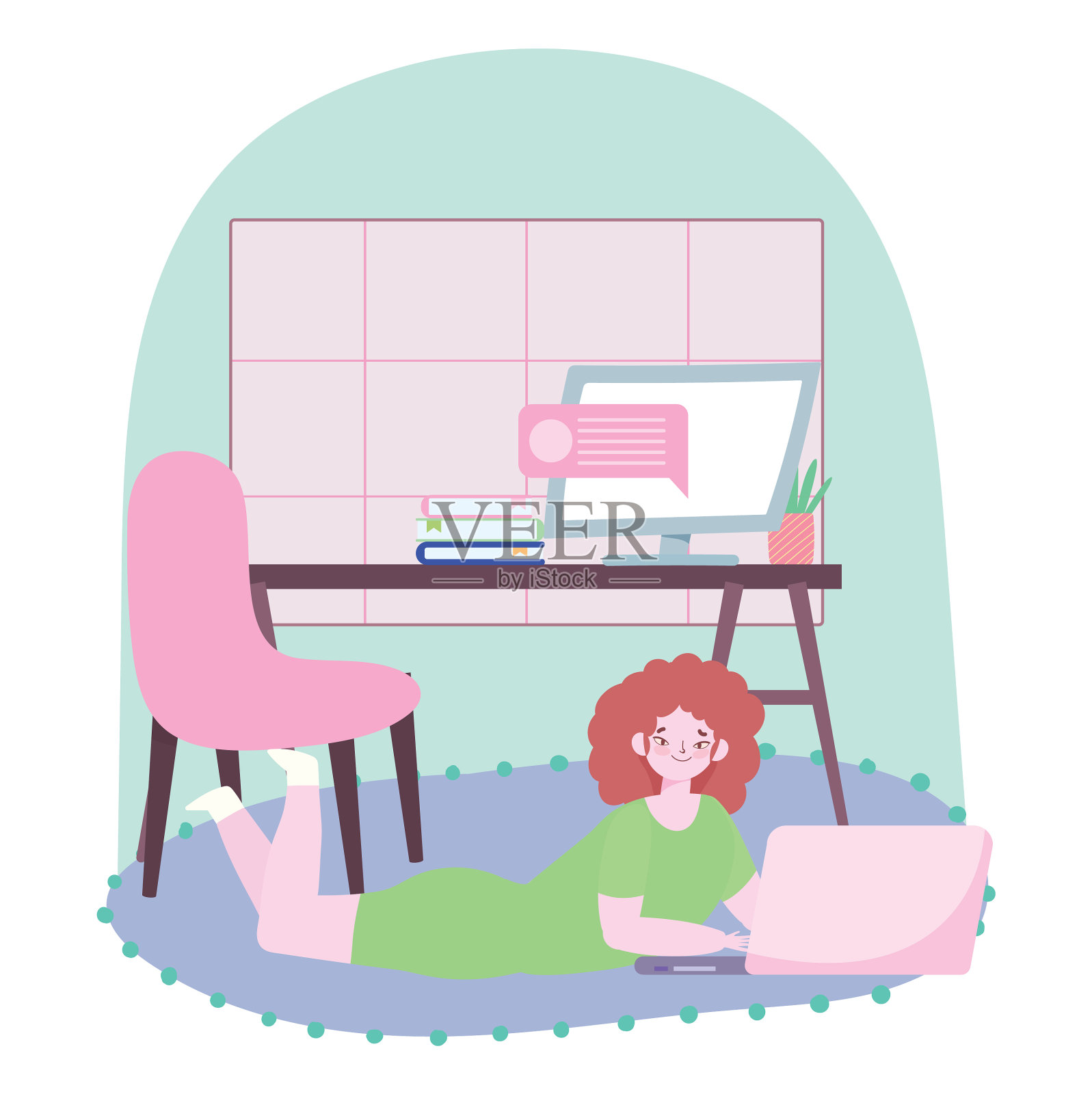 远程工作的年轻女人在地板上用笔记本电脑设计元素图片