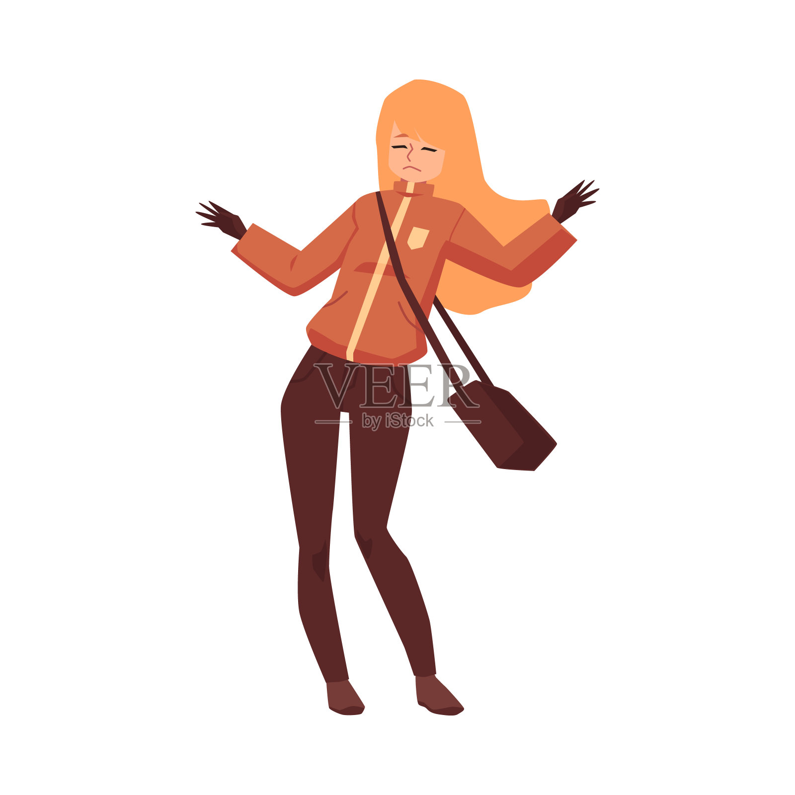 不开心的暖衣女子躲避秋风，平面矢量插图。插画图片素材