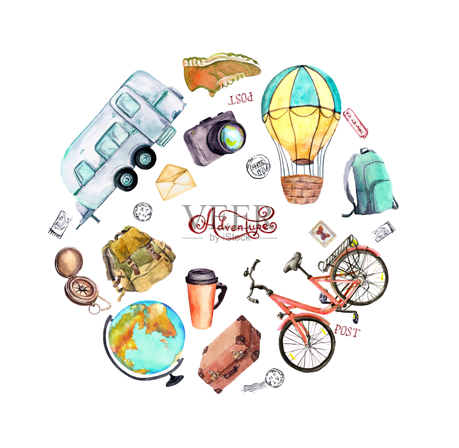 气球、自行车、拖车、旅行箱、旅游背包、地球仪、指南针、邮票。旅游卡，旅游海报。水彩画旅游日插画图片素材