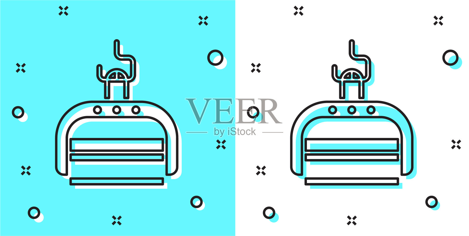 黑线滑雪缆车图标孤立在绿色和插画图片素材